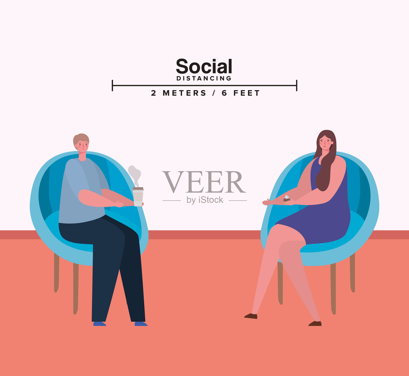 在椅子上保持男女之间的社交距离插画图片素材