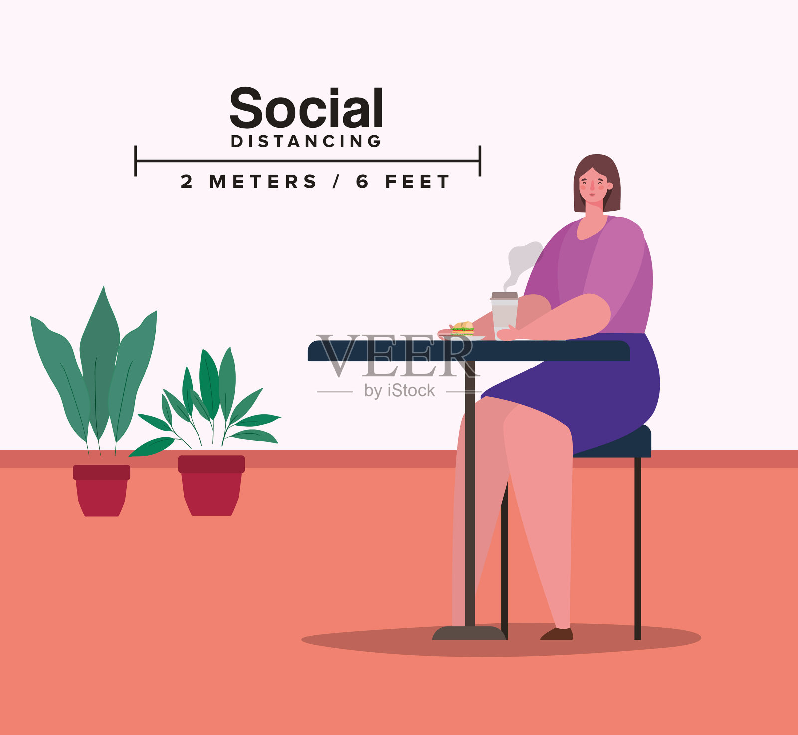 社交距离的女人在桌上喝咖啡插画图片素材