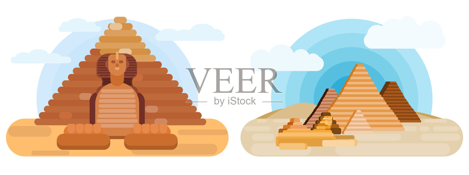 狮身人面像和金字塔两个平面插画图片素材