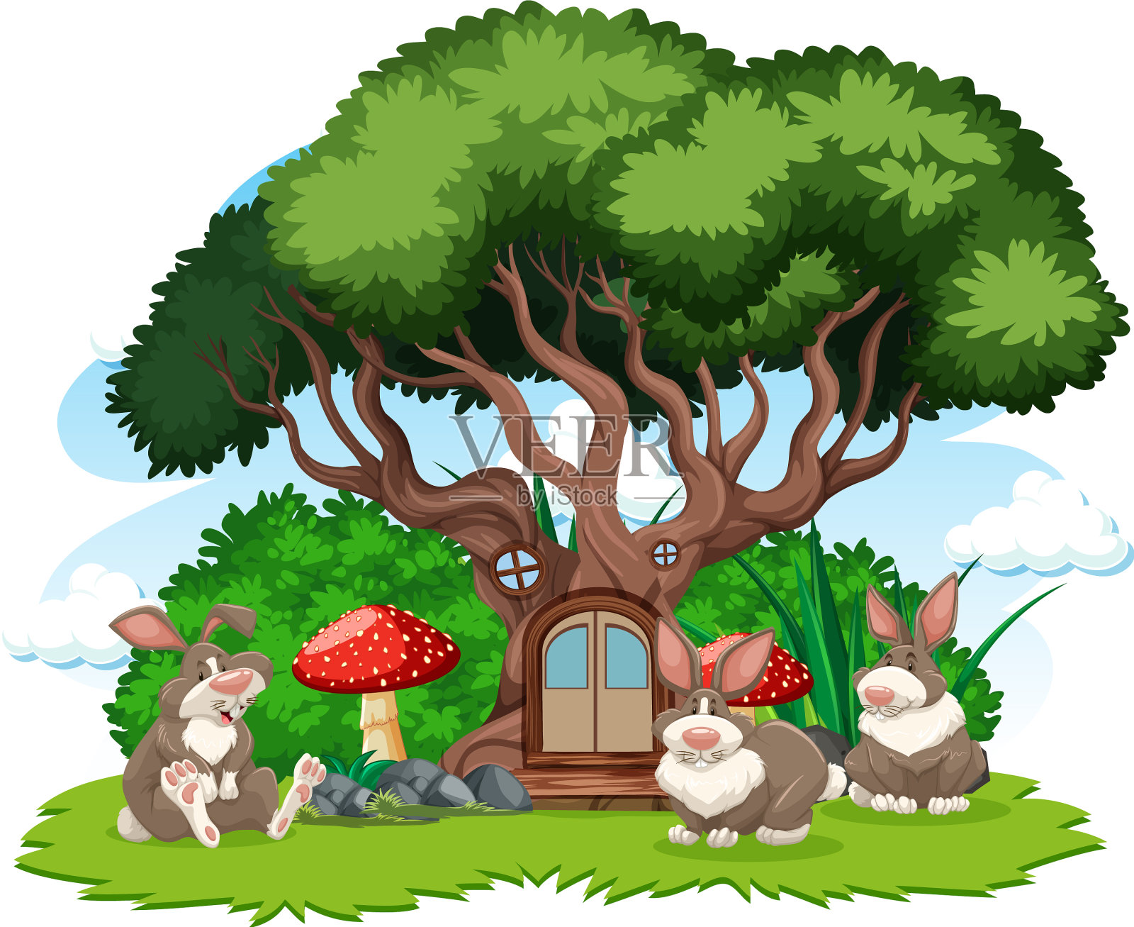 树屋上有三只卡通风格的兔子设计元素图片