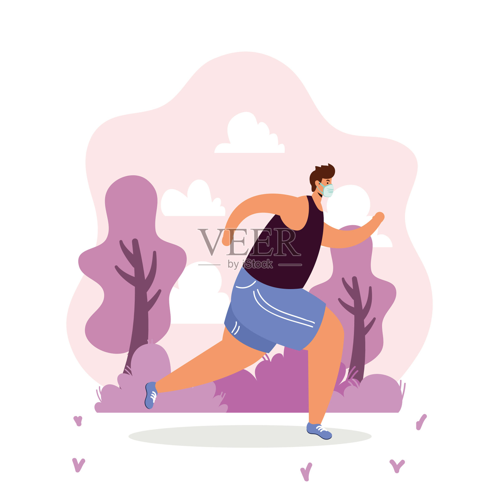 一名男子戴着医用口罩在营地进行运动插画图片素材