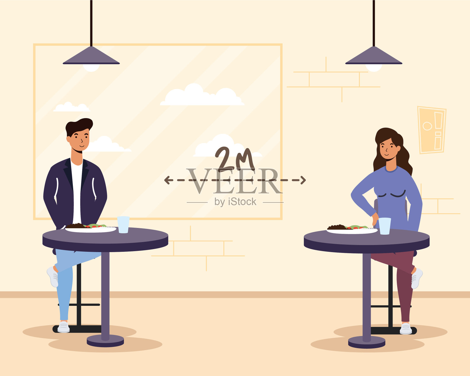 年轻夫妇在餐厅练习吃饭插画图片素材