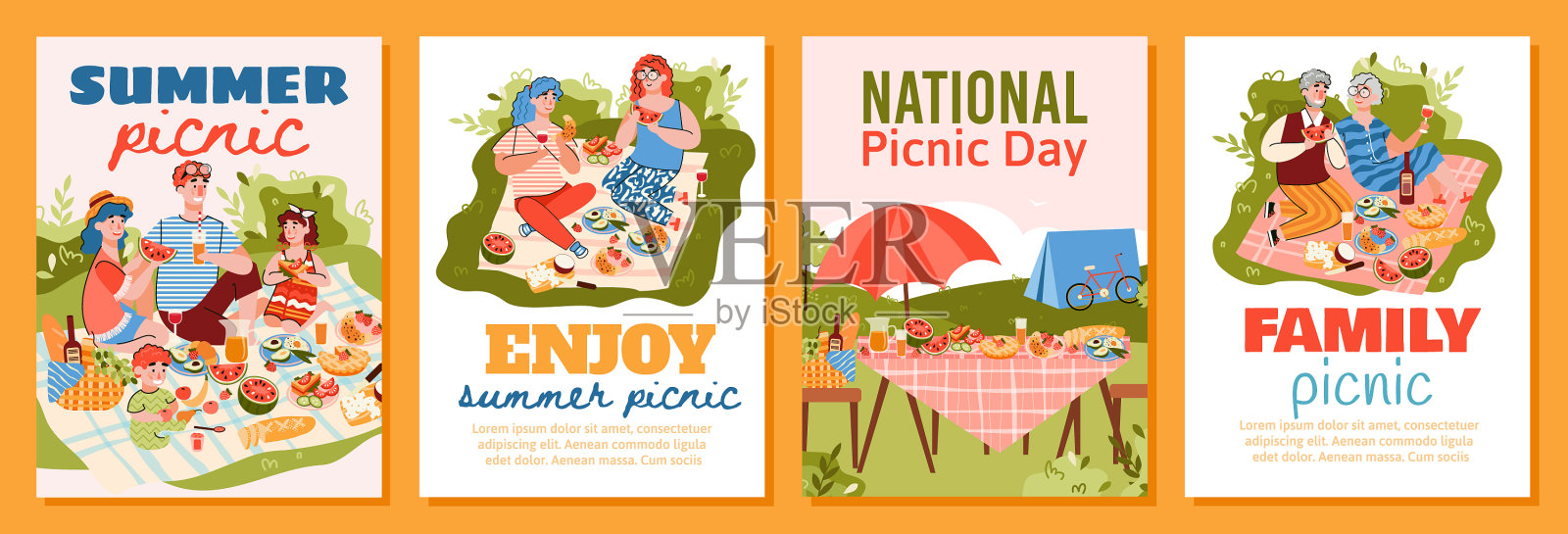 配有卡通人物的夏季野餐海报插画图片素材