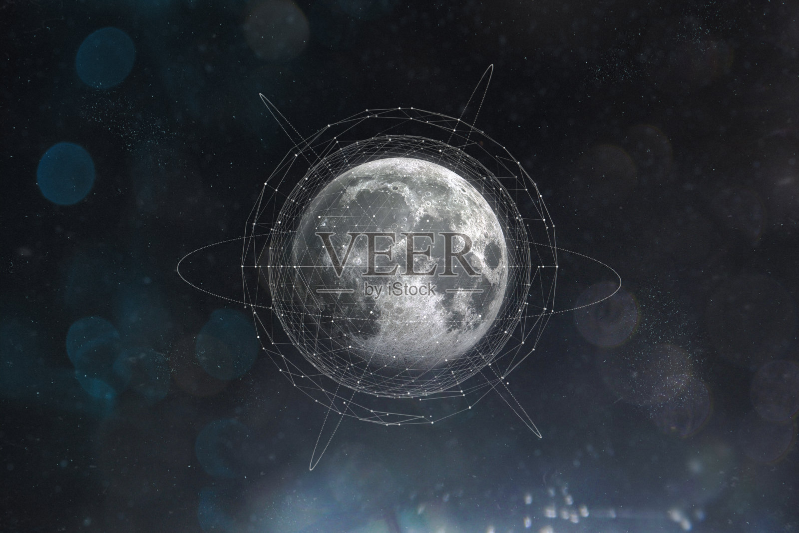 卫星绕月球运行。月球从空间与几何网络多边形图形和连接线。探索太阳系。库存图片照片摄影图片