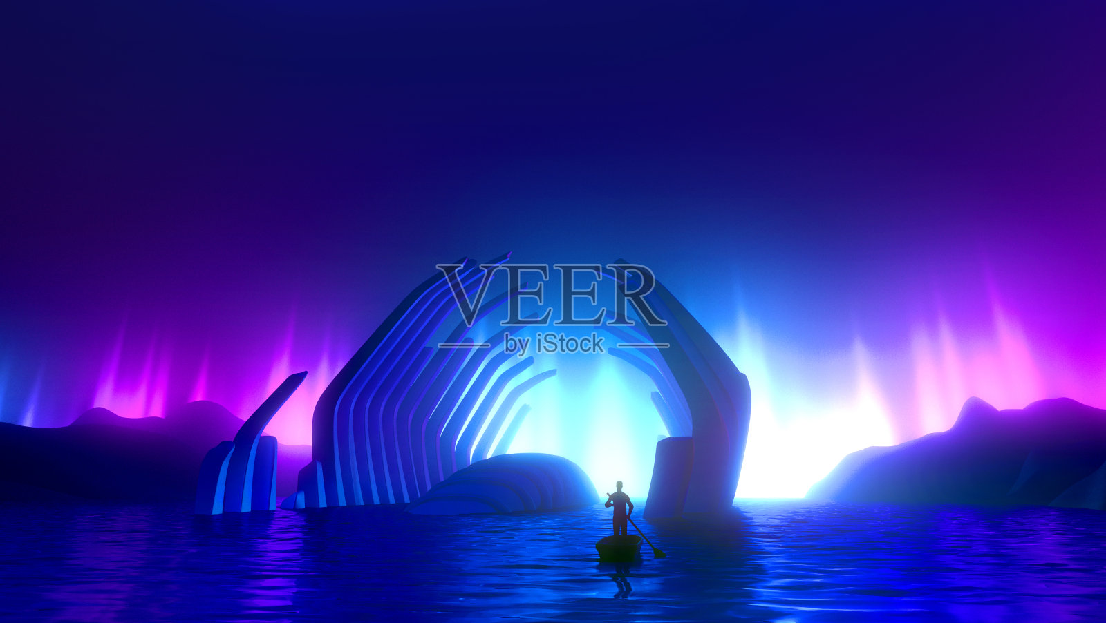 创意霓虹发光背景，概念环保污染。鱼的骨架躺在海里，人在船上的剪影，粉红色的蓝色充满活力的紫色霓虹灯。三维演示插画图片素材