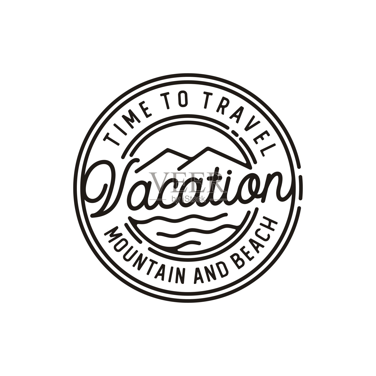 复古潮人邮票山和海滩线艺术风格标志设计插画图片素材