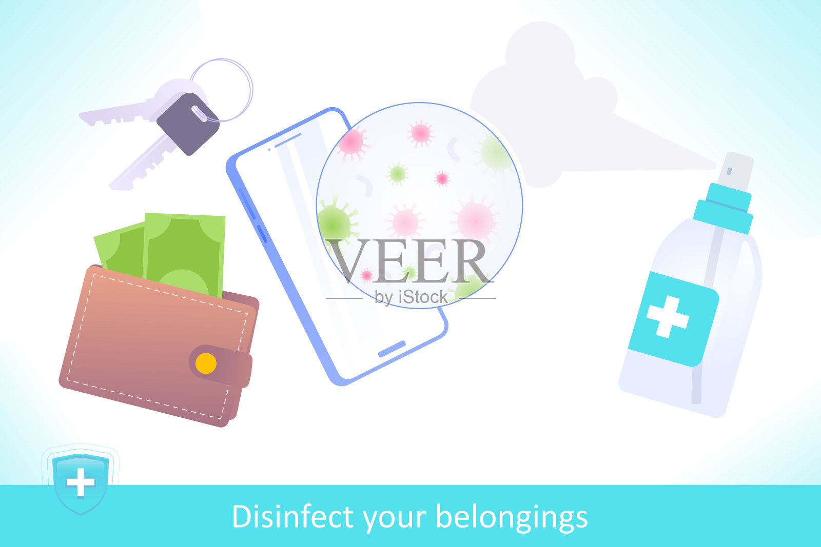 用消毒剂清洁、消毒或消毒你经常使用的物品，如手机、钥匙和钱包，以防止病毒、细菌和细菌的传播，教育海报，媒介插图插画图片素材