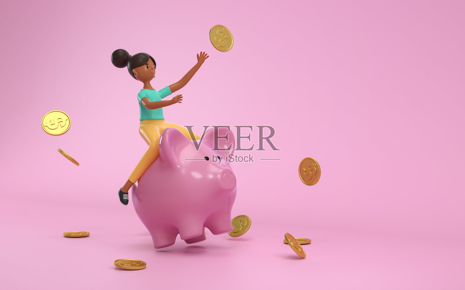 卡通人物坐在储蓄罐上。照片摄影图片