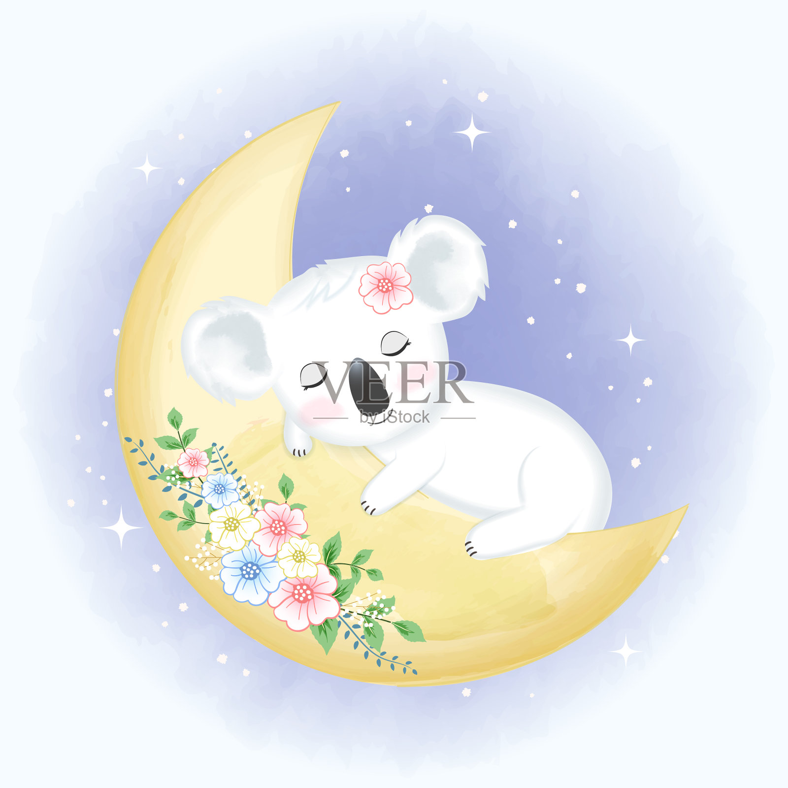 可爱的bakoala睡在月亮上手绘插画图片素材