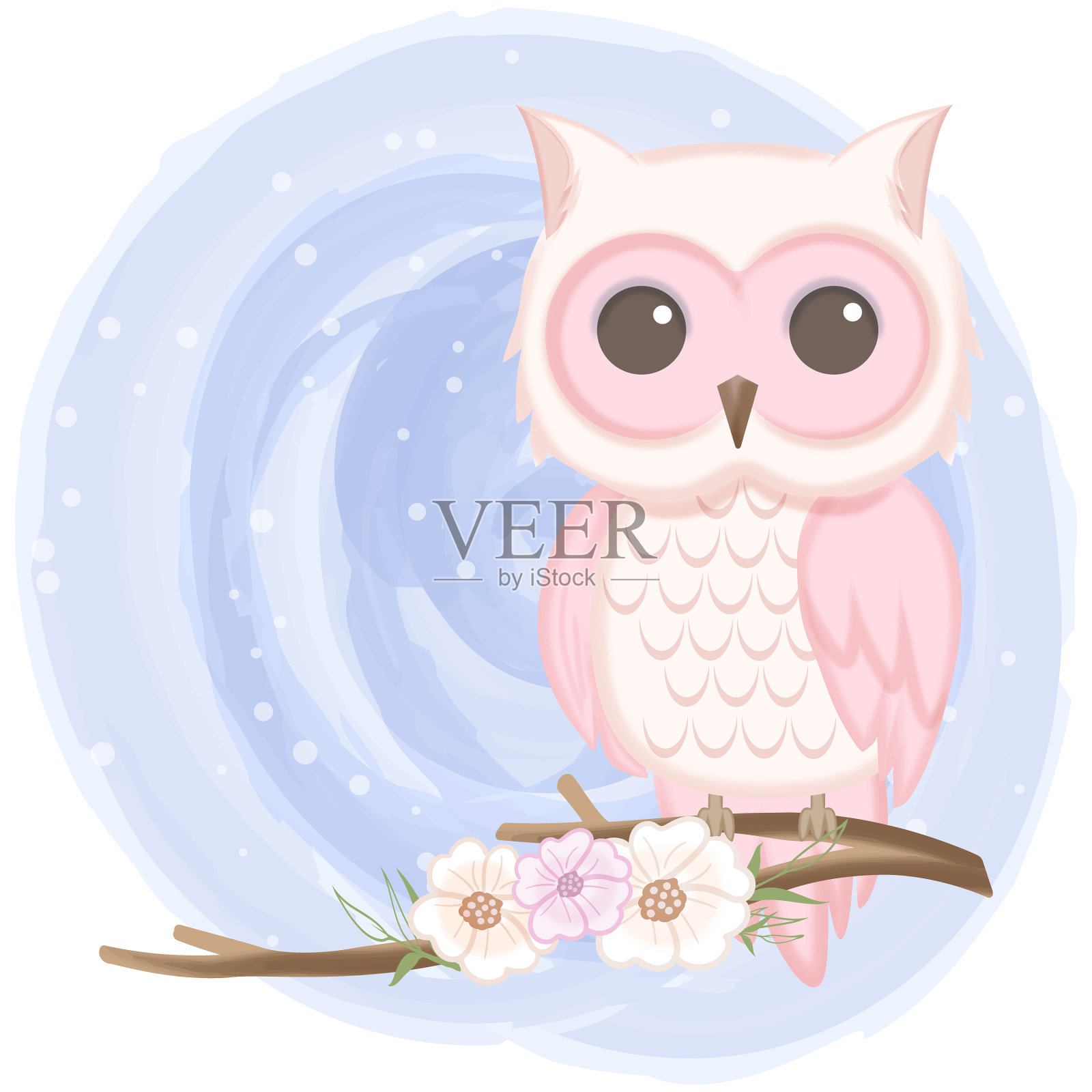 可爱的猫头鹰和花卉手绘水彩在蓝色设计元素图片
