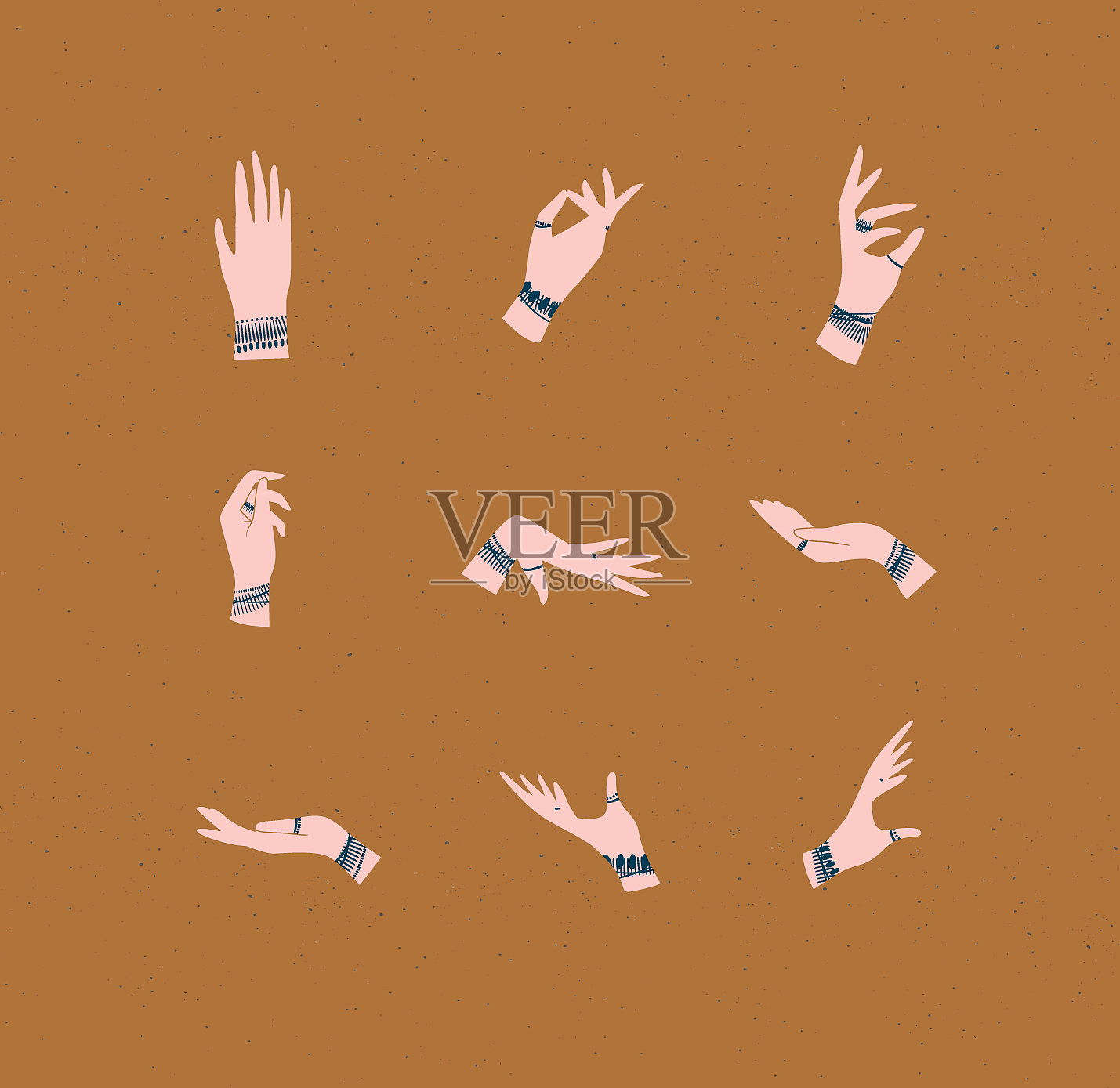 手戴不同位置的手镯和戒指插画图片素材