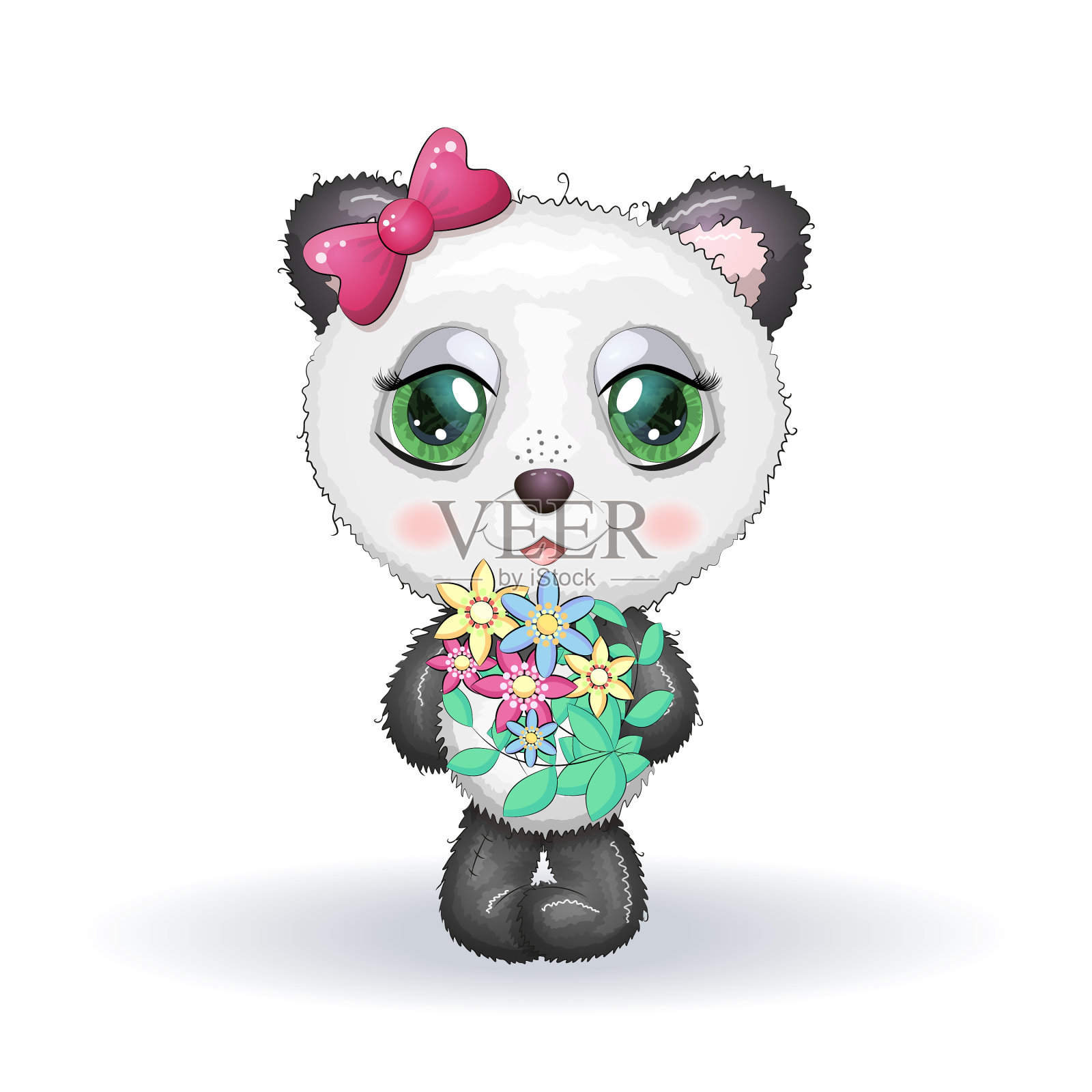 可爱的大眼睛小熊猫和一束花设计元素图片