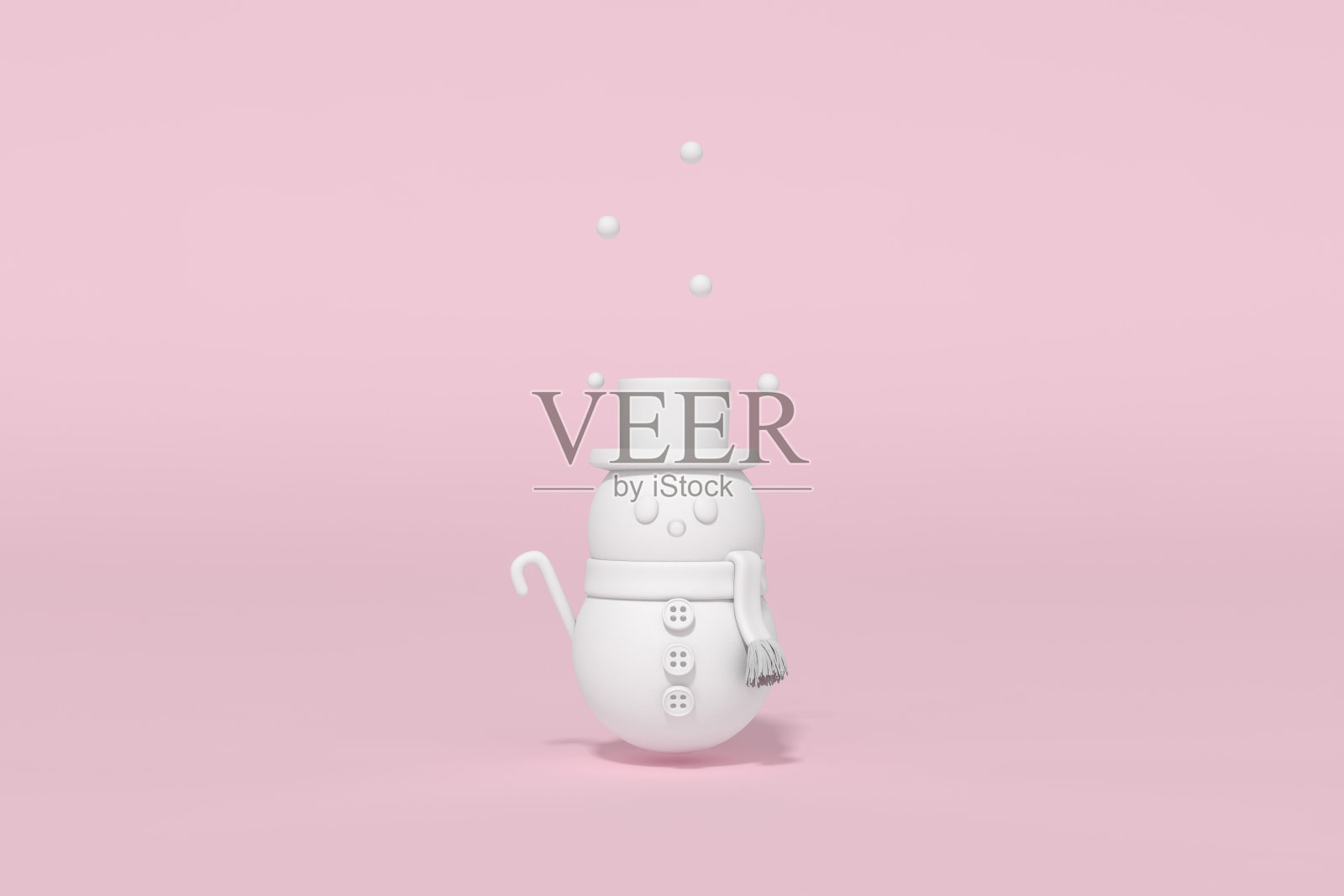 可爱的白雪雪人站在粉红色的圣诞背景3d渲染。3d插图庆祝，圣诞节和新年的概念。照片摄影图片