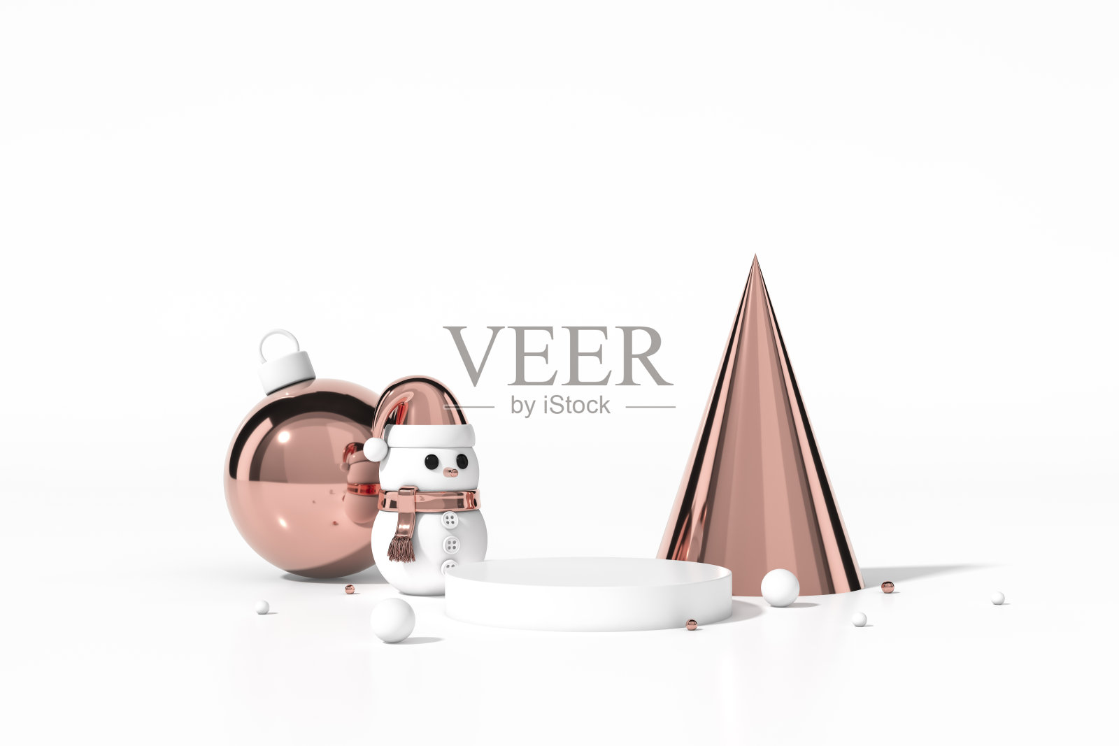 可爱的玫瑰金雪人站与圣诞球饰品对象组与讲台展示站在圣诞背景3d渲染。3d插图庆祝，圣诞节和新年的概念。照片摄影图片