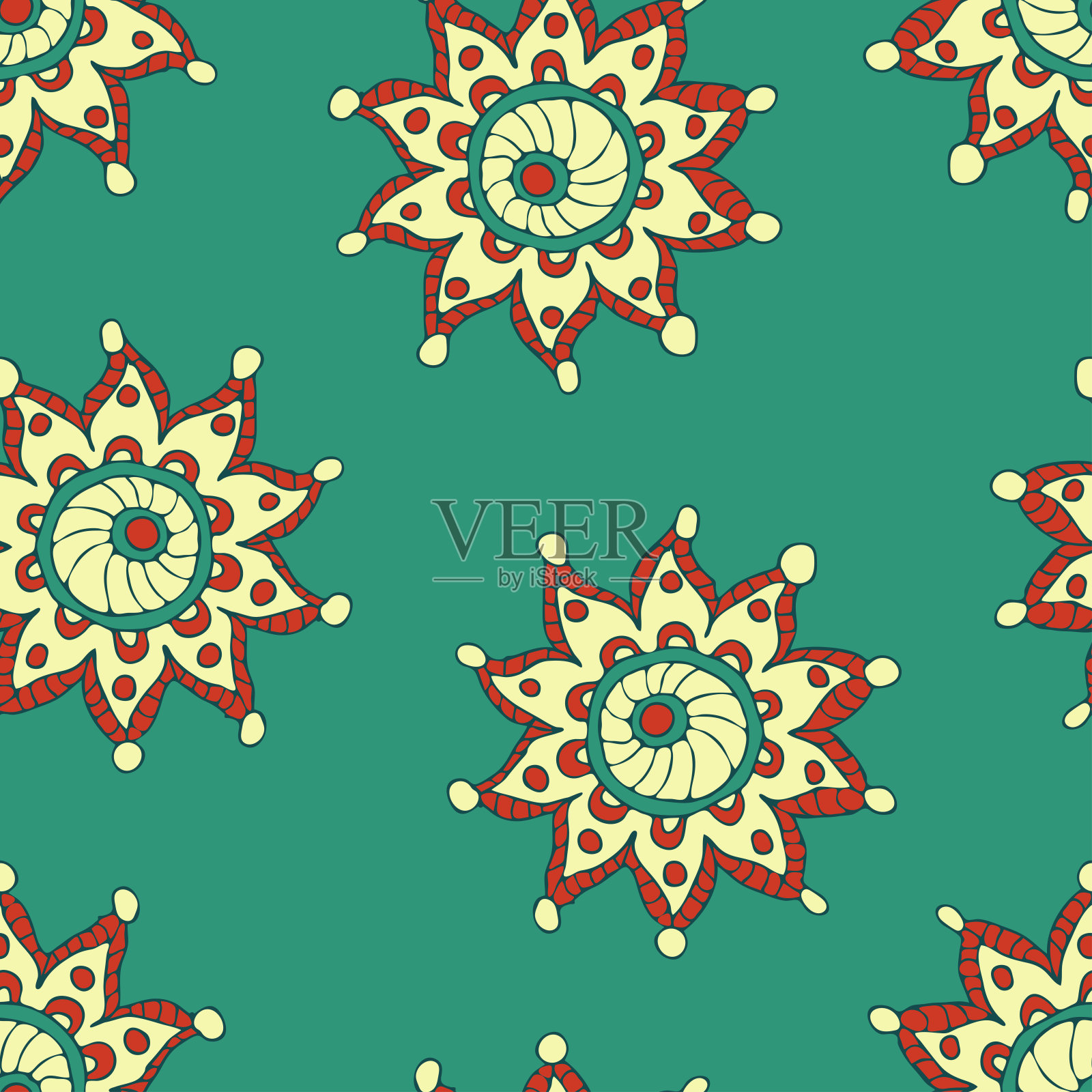 重复矢量模式与抽象花星上蓝绿色背景。吉普赛花卉壁纸设计。手绘曼荼罗时尚纺织品。插画图片素材