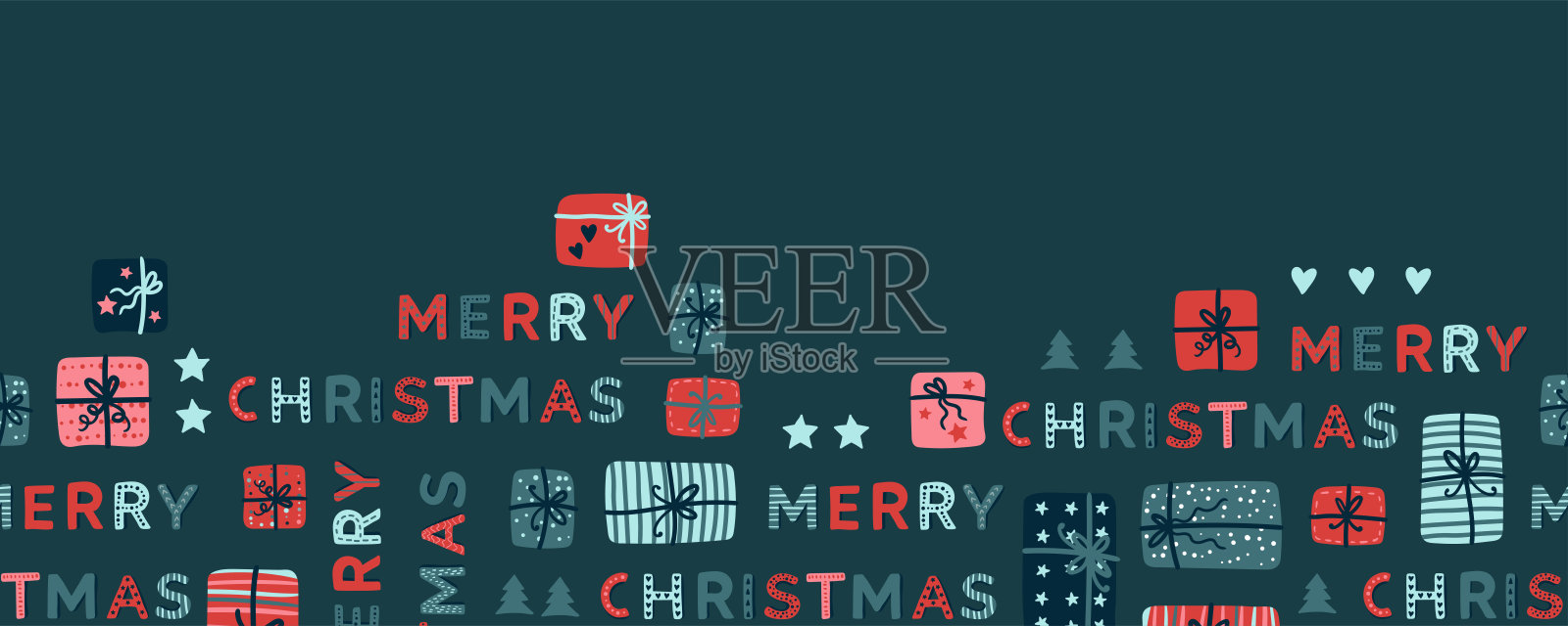 可爱的手绘字母“圣诞快乐”，创意的文字，水平无缝模式，伟大的横幅，壁纸，纺织品，包装-矢量设计设计模板素材