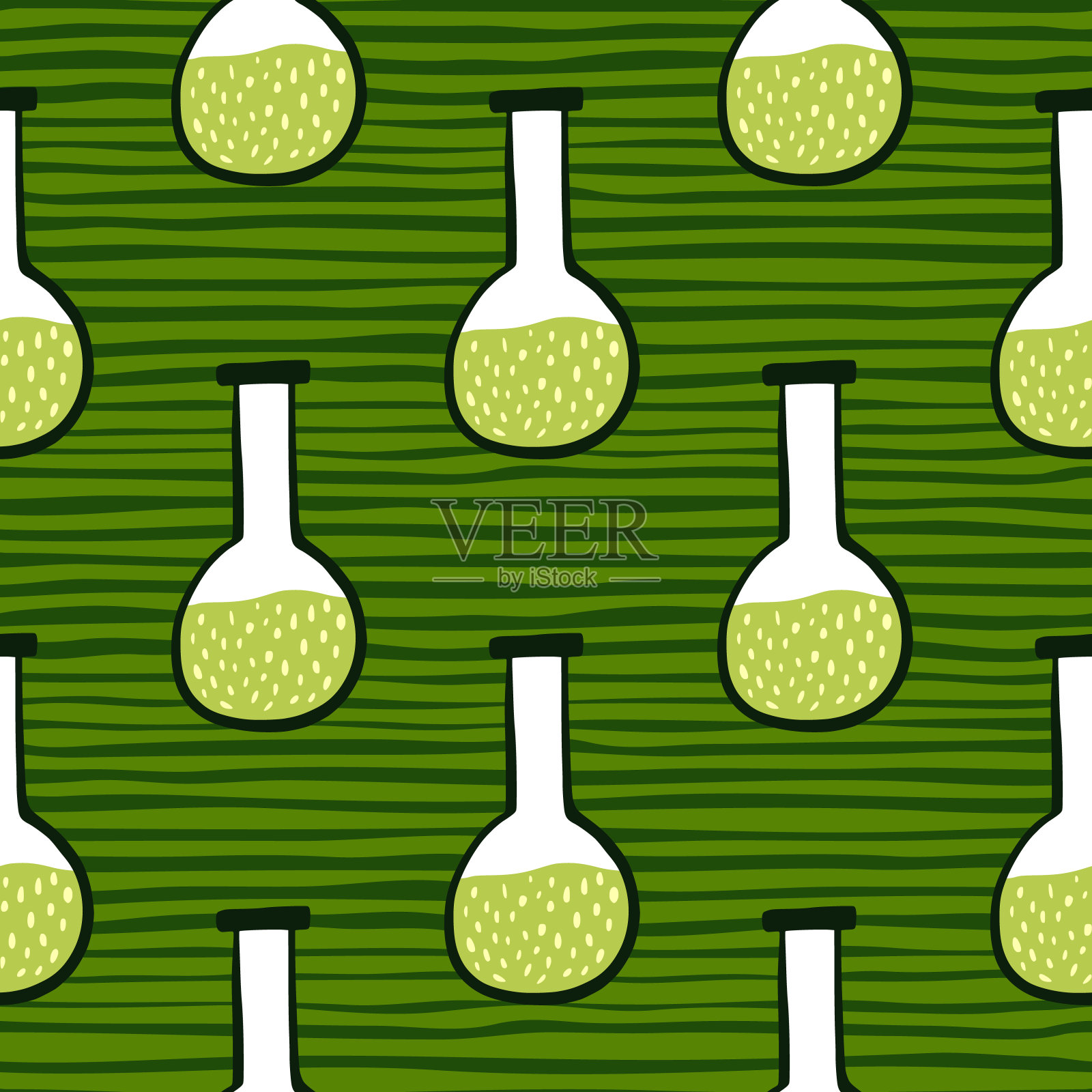绿色液体在flask无缝涂鸦图案。条纹绿色背景上的实验室装饰物。插画图片素材
