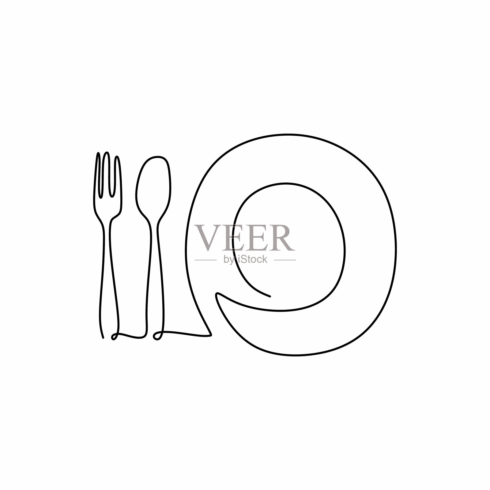 连续画线手绘盘、匙、叉在餐桌上。餐厅标志孤立在白色背景上的极简主义设计。晚宴主题与创意符号。矢量图插画图片素材
