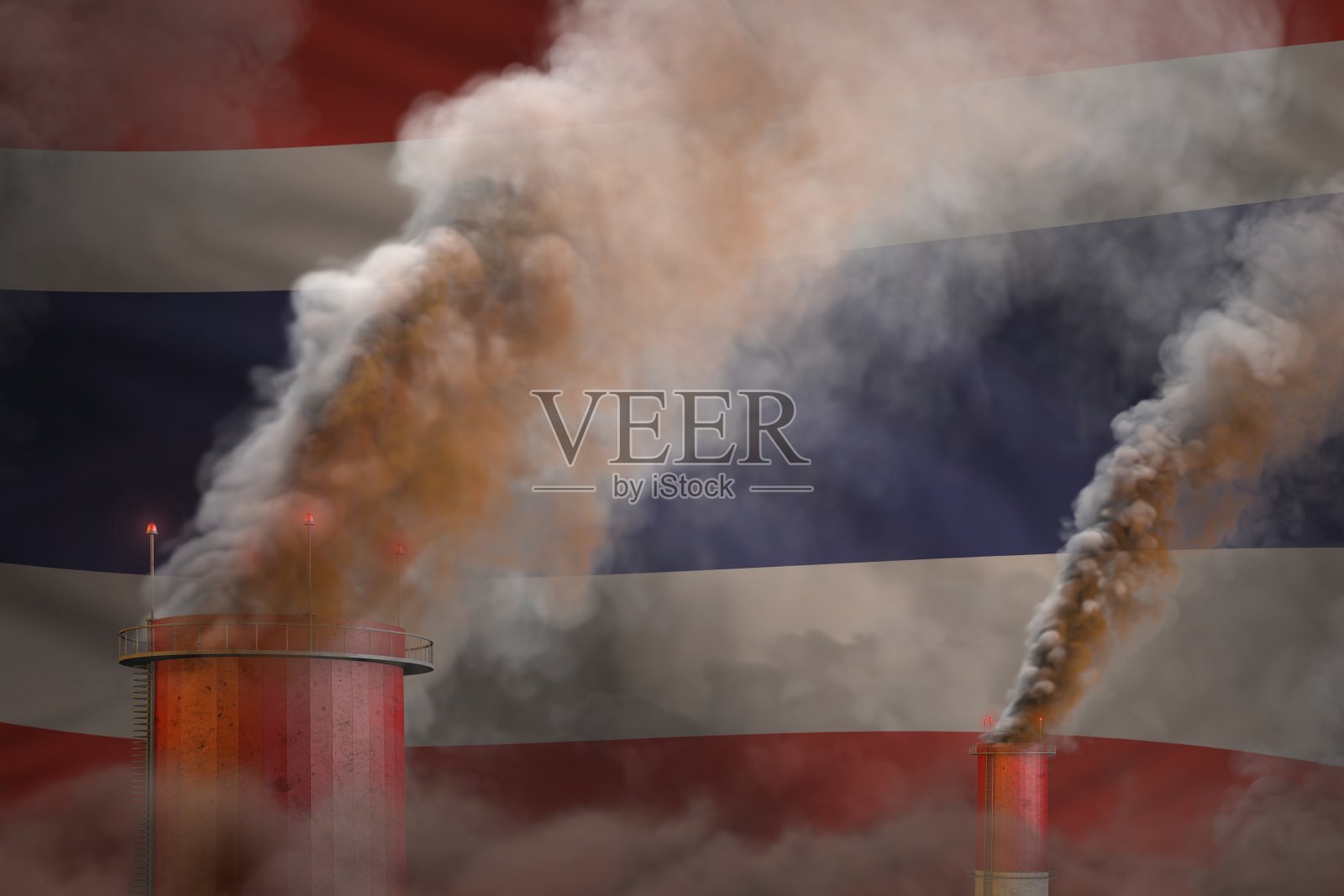 泰国国旗上工业管道的浓烟-全球变暖的概念，背景与地方为您的标志-工业3D插图照片摄影图片