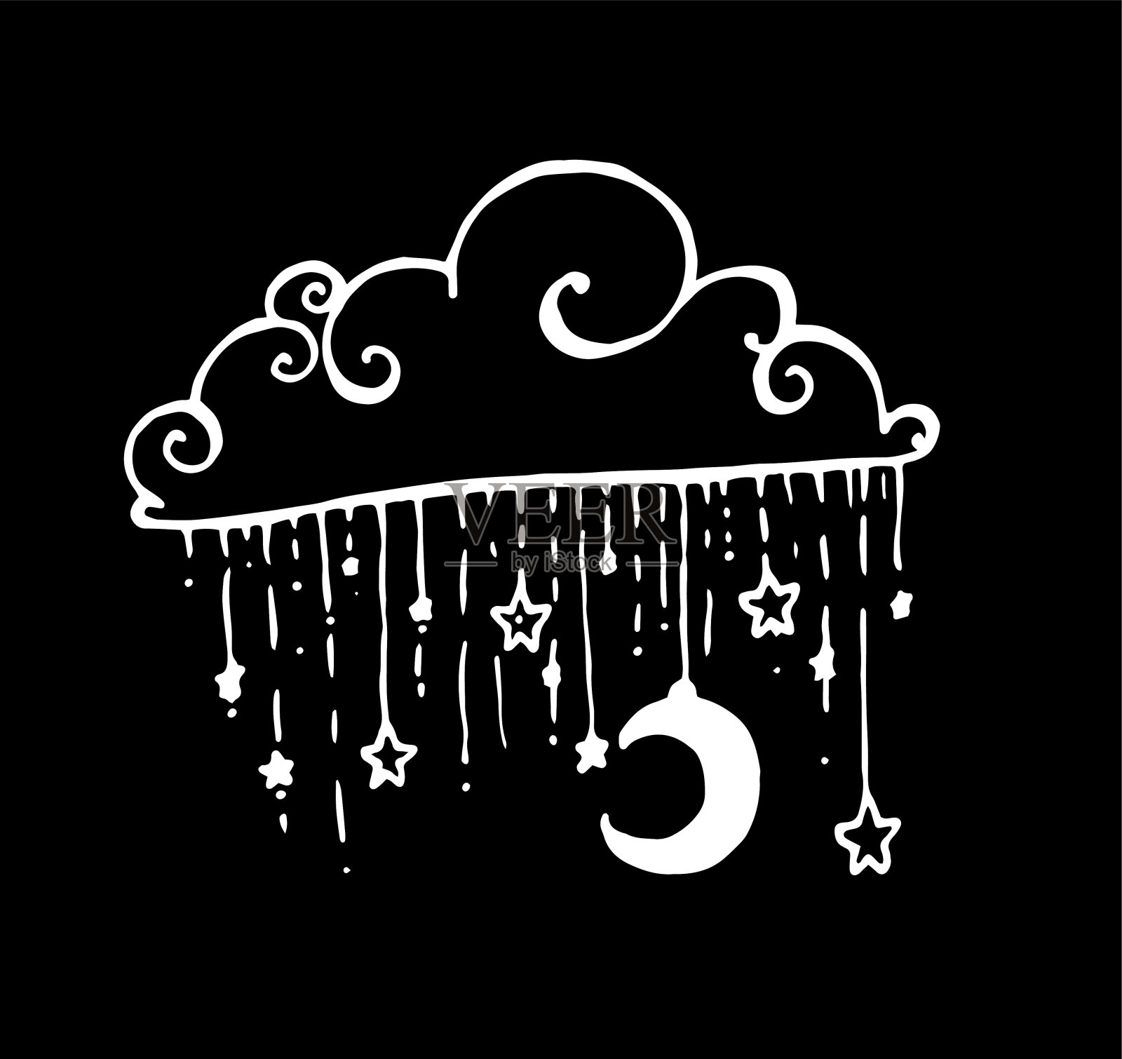 矢量插图的手绘云在涂鸦风格与月亮，星星和点。夜晚的月亮和星星挂在云中，黑色背景上有白色的漩涡轮廓插画图片素材