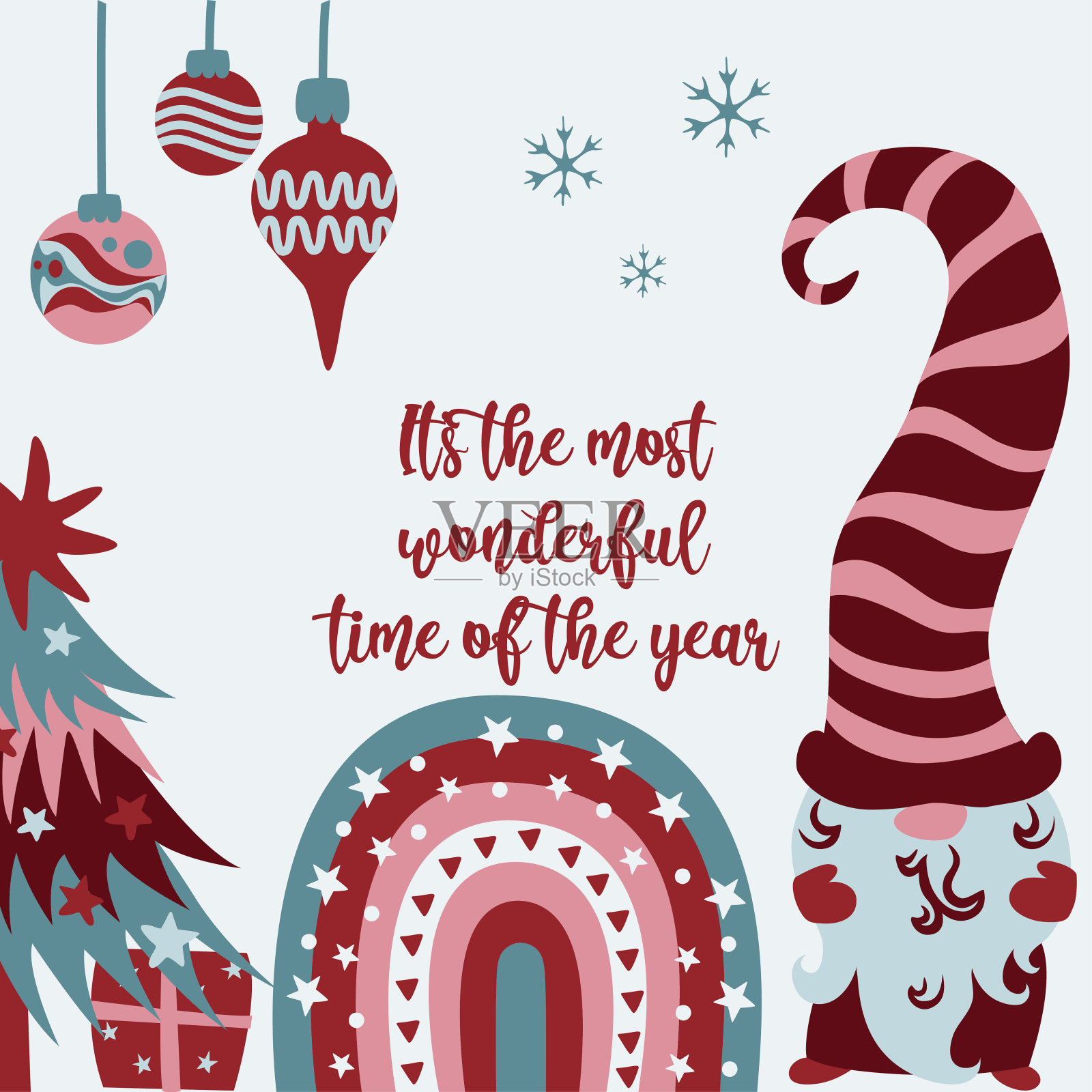 圣诞节主题贺卡：斯堪的纳维亚小矮人、节日圣诞树、彩虹和装饰球插画图片素材