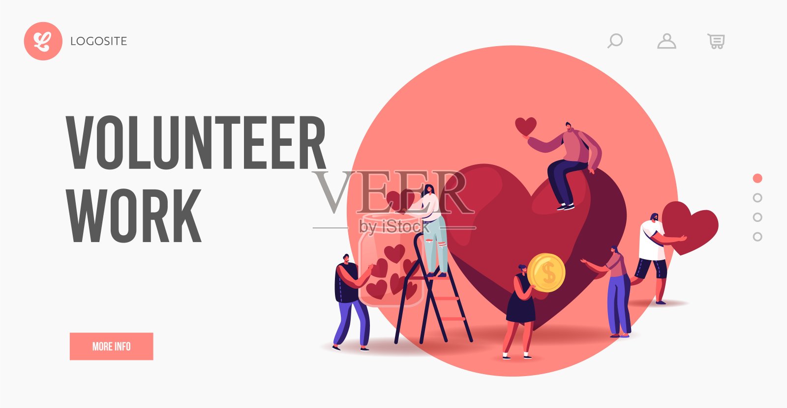 志愿服务，慈善支持登陆页面模板。小志愿者在捐献罐中收集心脏插画图片素材
