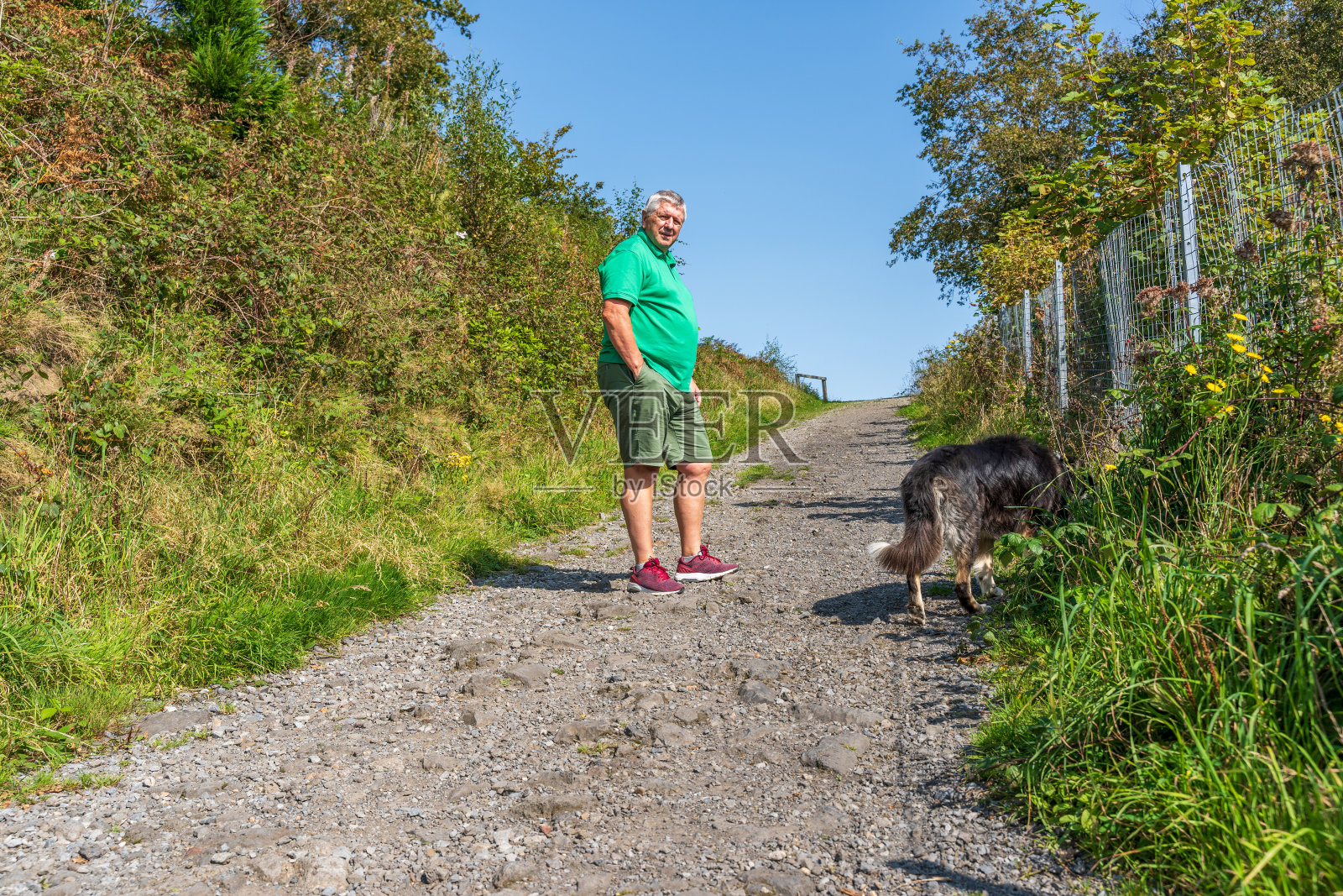年长的白种人和狗在上坡路上照片摄影图片