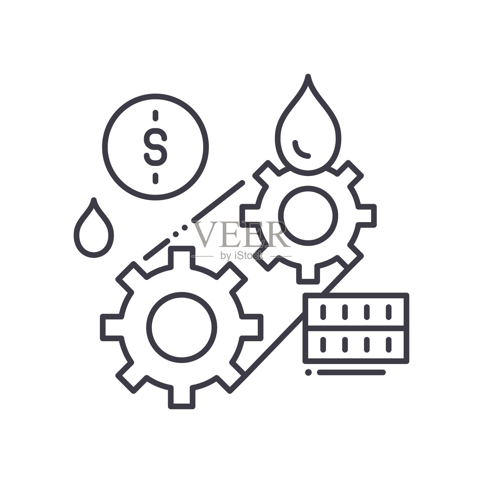 油开发图标，线性孤立的插图，细线矢量，网页设计标志，轮廓概念符号与可编辑的笔画在白色的背景。插画图片素材