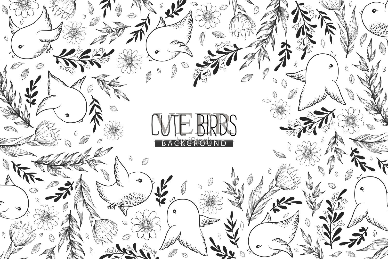 向量单色背景与图案从黑白可爱的鸟，植物和花孤立在白色的背景。花设计印刷，卡片，壁纸，包装插画图片素材