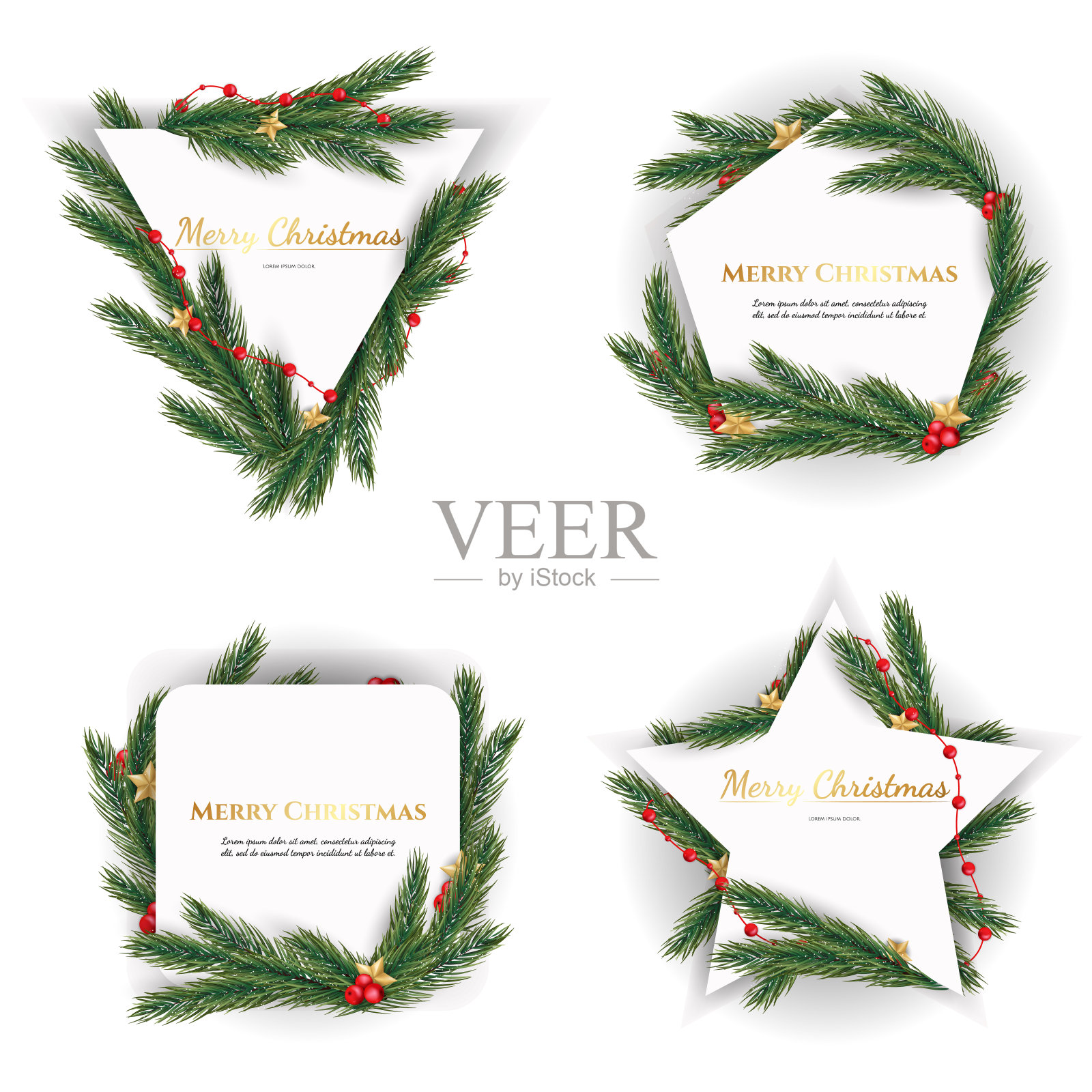 圣诞树和几何图案。不同形状的圣诞框架框架与金色的文字在白色的背景。圣诞节的设计。矢量图插画图片素材