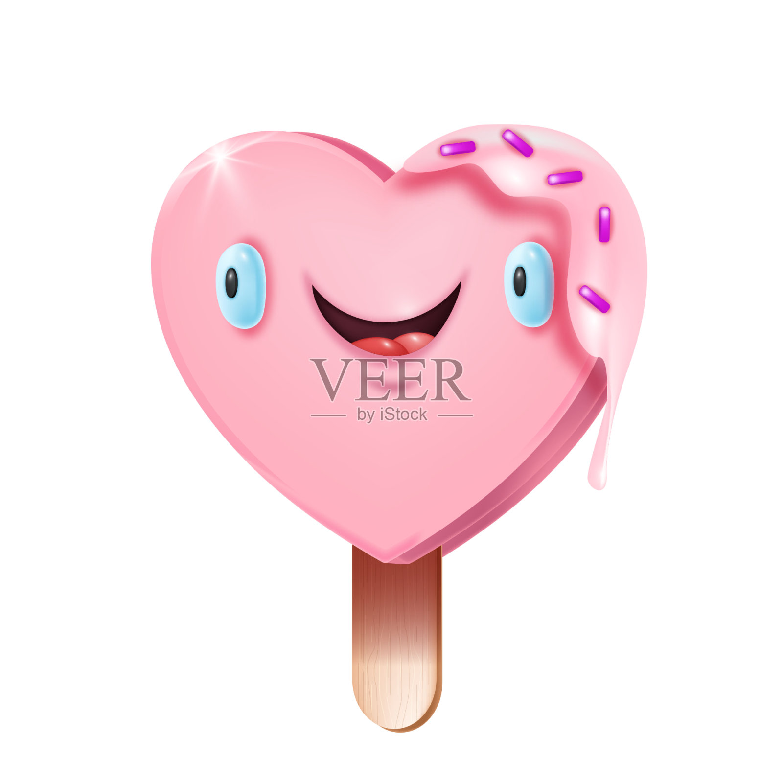 可爱的心形卡哇伊爱插图与粉色冰棒上的木棍孤立在白色。插画图片素材