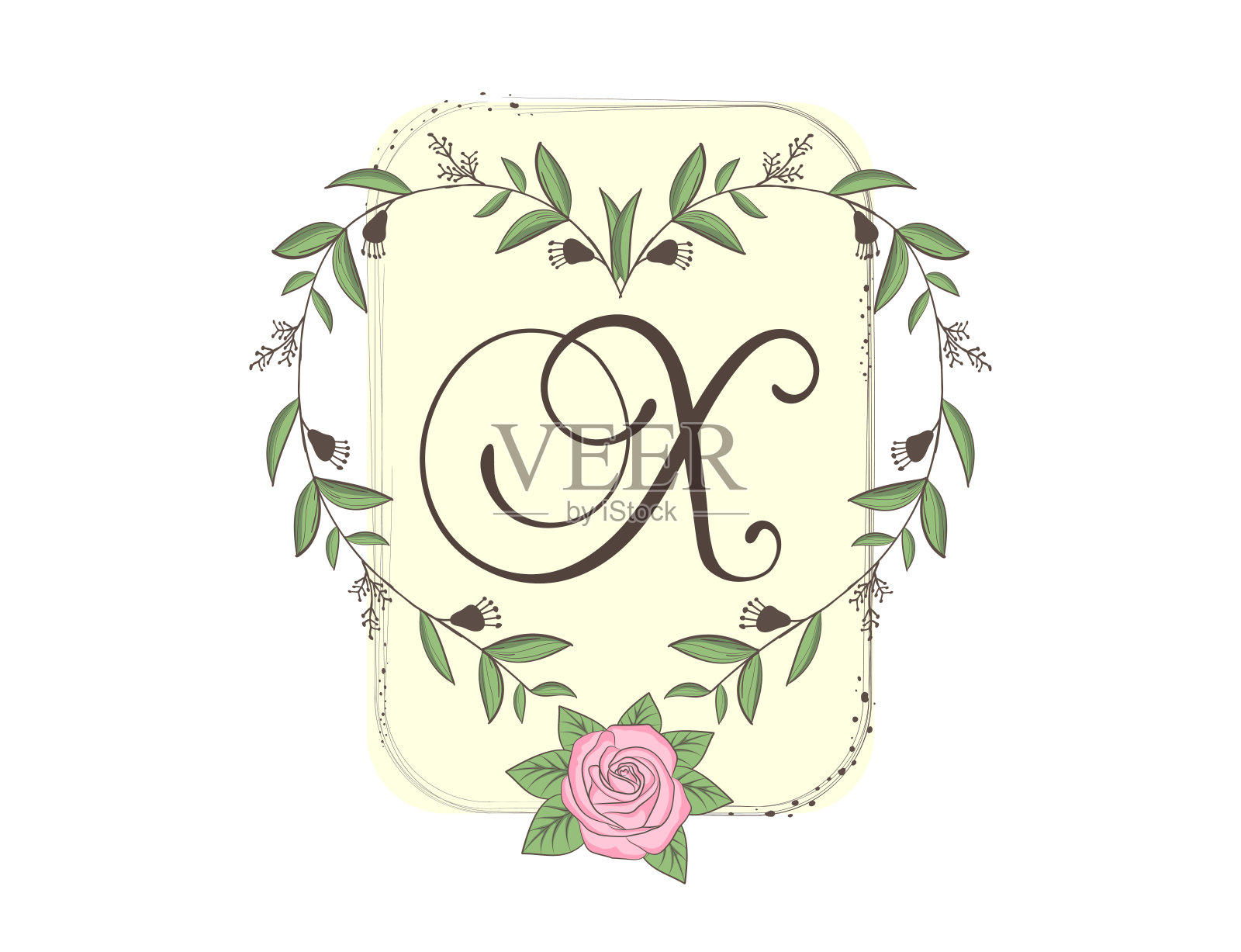 优雅的大写字母X与花框架，叶和玫瑰。书法的字母表。手绘组成的花。植物模板设计元素的邀请，婚礼，贺卡插画图片素材