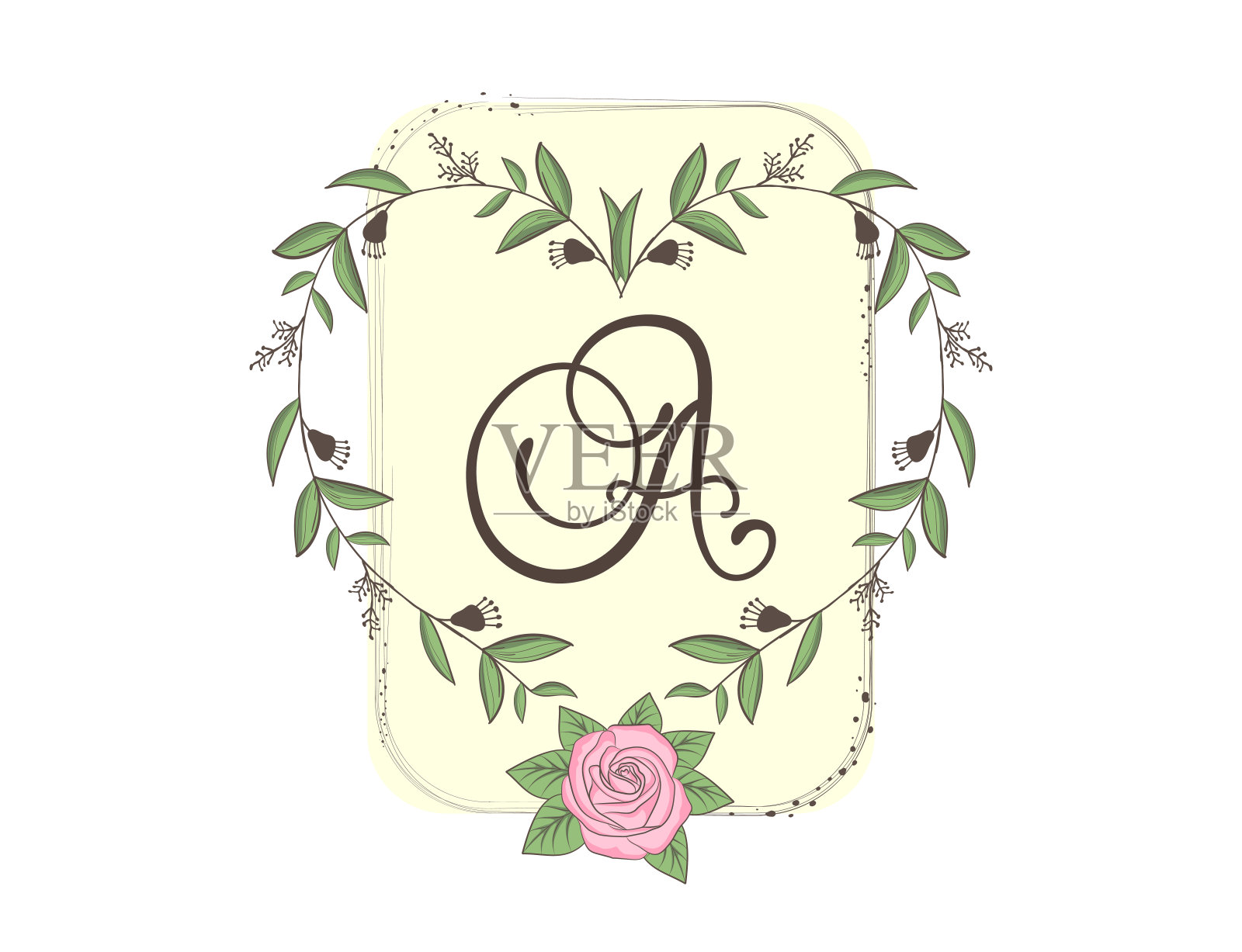 优雅的大写字母A与花卉框架，叶子和玫瑰。书法花卉字母。手绘的花卉构图。植物模板设计元素的邀请，婚礼，贺卡设计元素图片