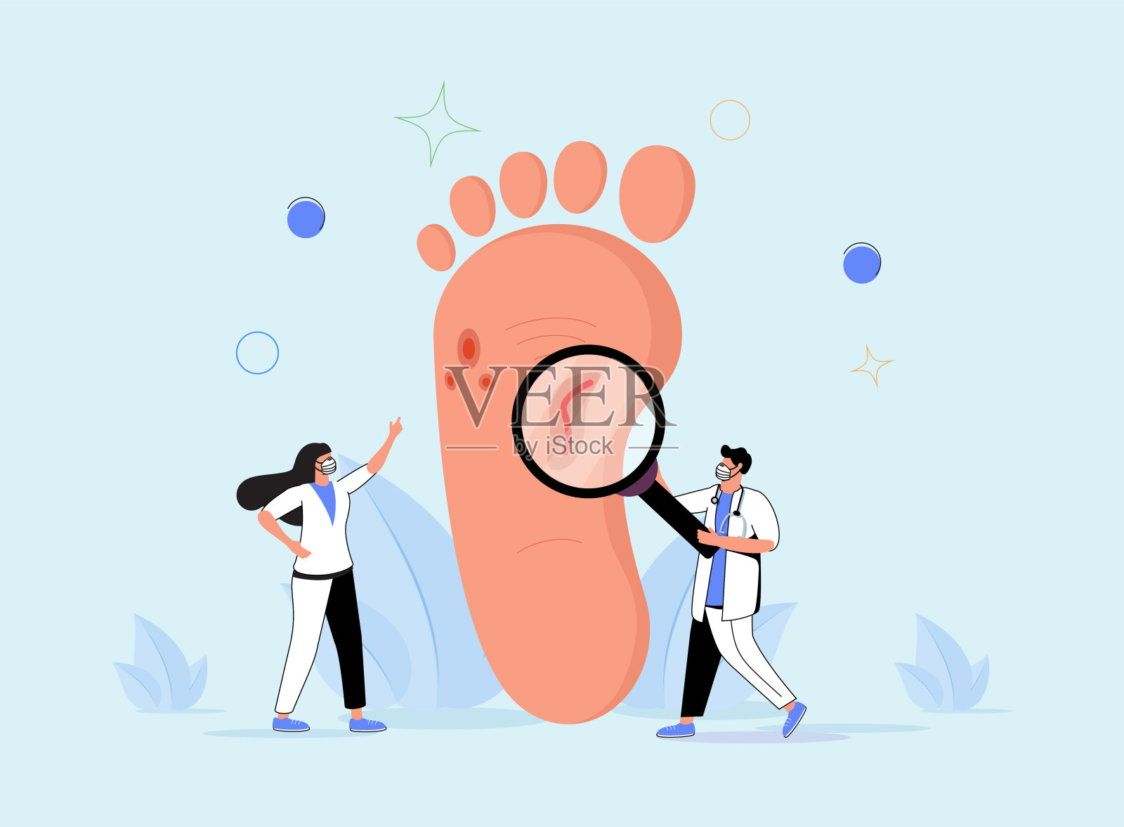 足病作为医学早午餐，致力于足、腿、下肢和踝关节的微小人的概念。外科医生。插画图片素材