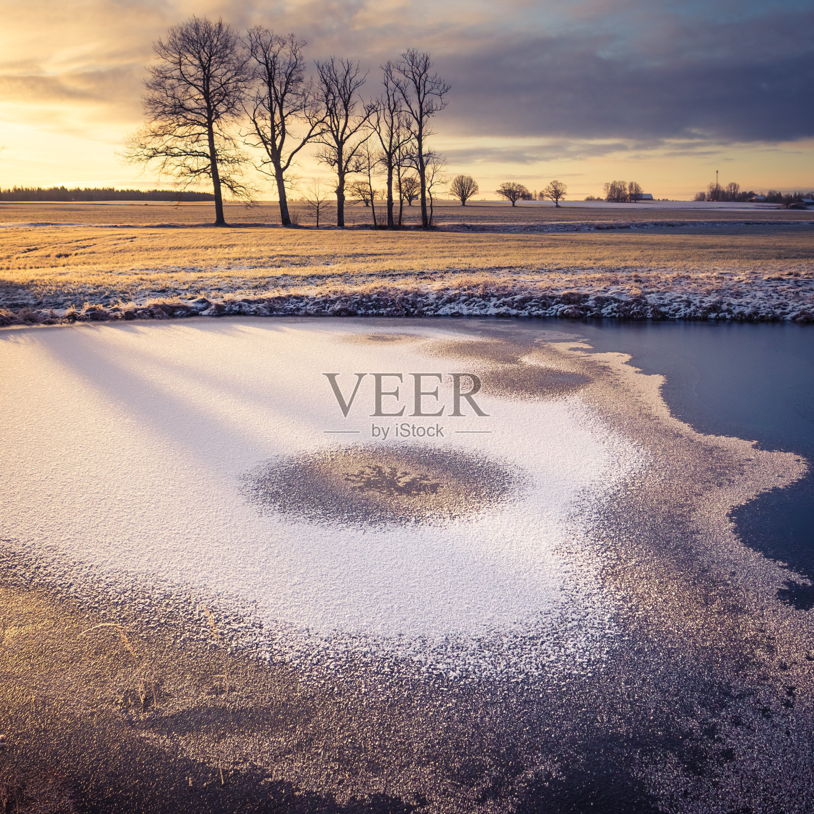 一个美丽的冰冻池塘在早晨的黄金时间的乡村景色。北欧冬天的景色。照片摄影图片
