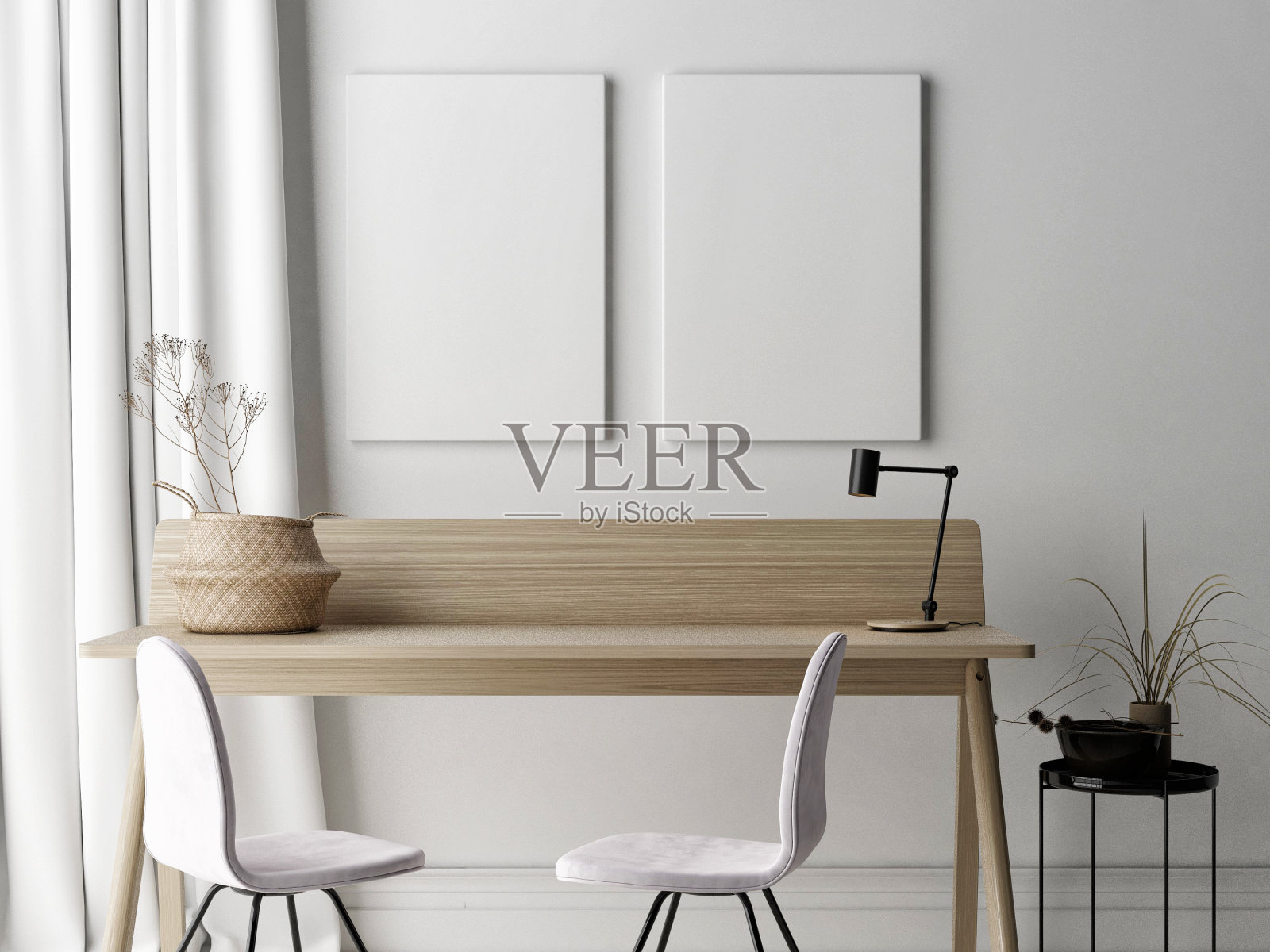 海报模型，斯堪的纳维亚家庭工作区与装饰。照片摄影图片