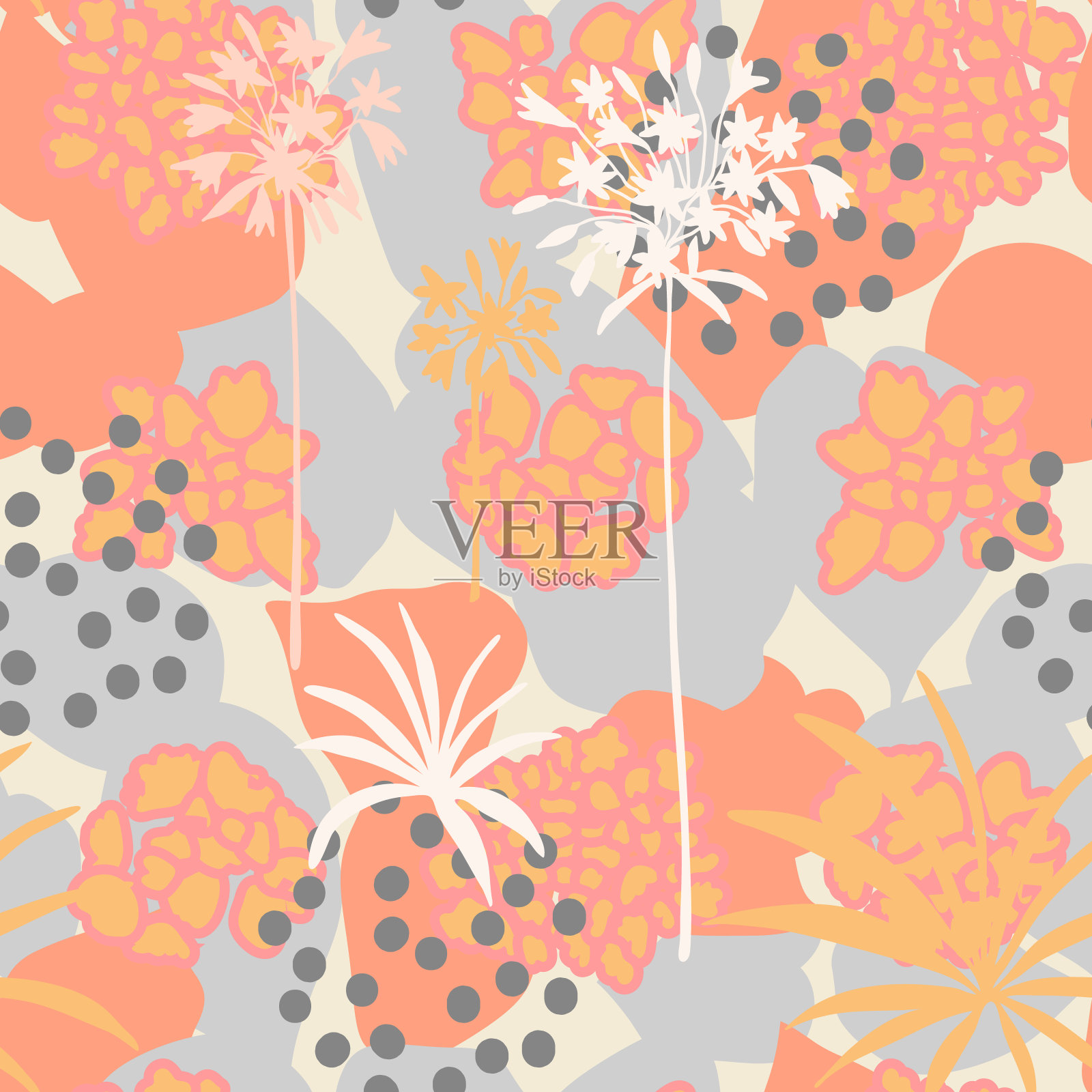 向量有机无缝抽象背景，植物主题与程式化的叶子，花和简单的几何形状。徒手画的涂鸦图案。插画图片素材