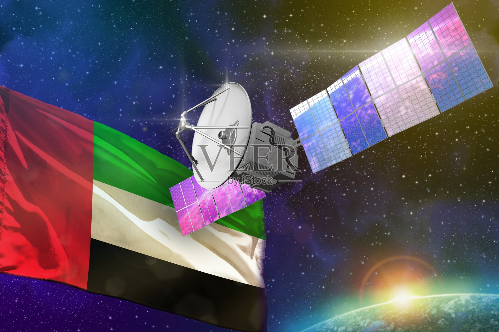 空间通信技术概念-卫星与阿拉伯联合酋长国国旗，3D插图照片摄影图片