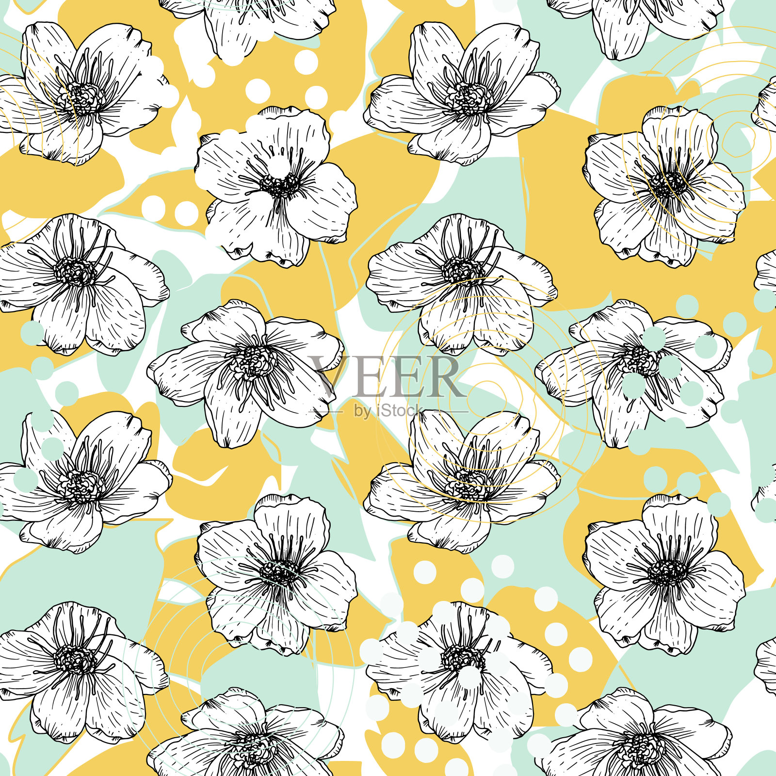 向量有机无缝抽象背景，植物主题与程式化的叶子，花和简单的几何形状。花卉图案。插画图片素材