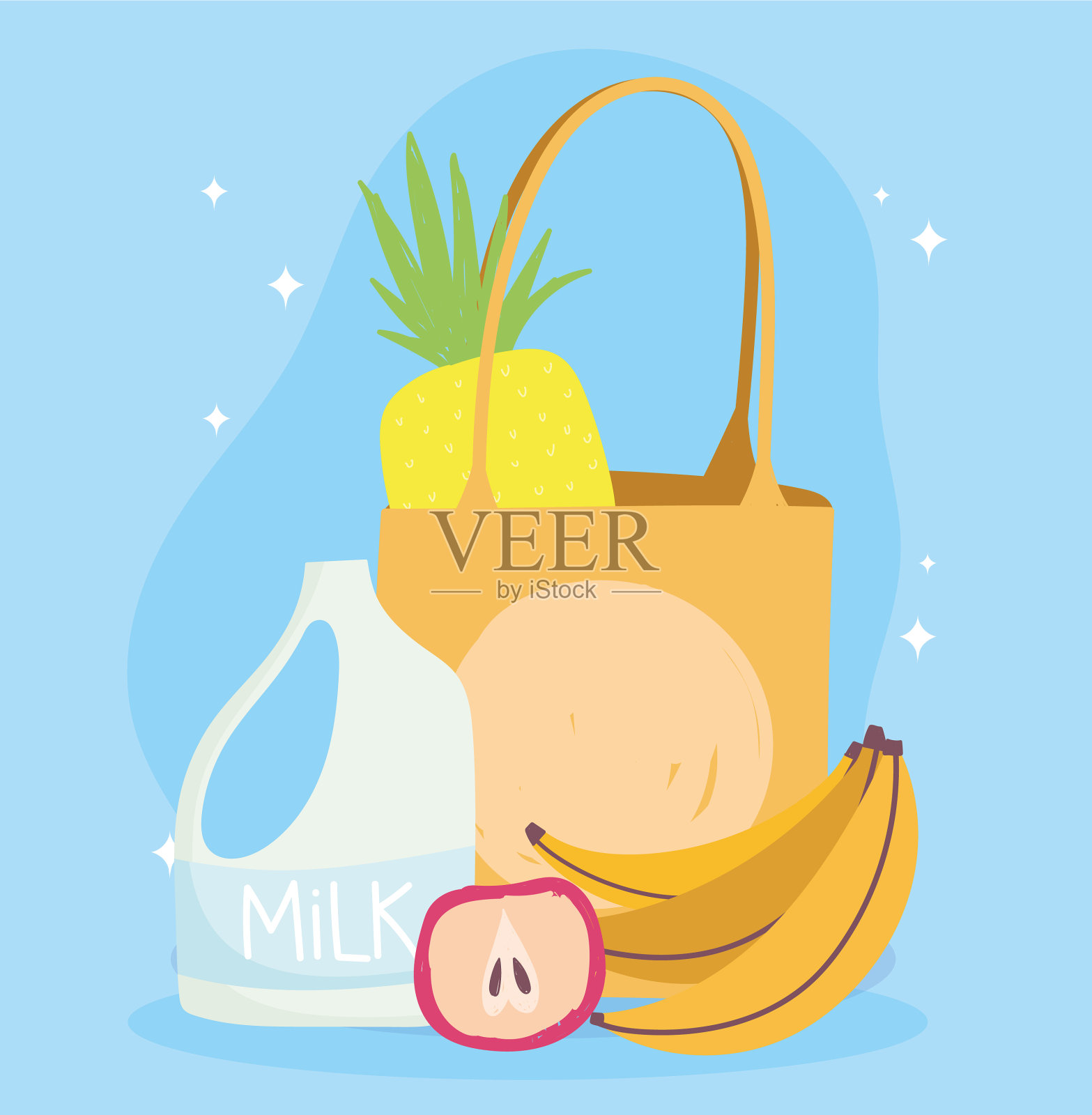 网上市场牛奶香蕉苹果袋食品设计模板素材