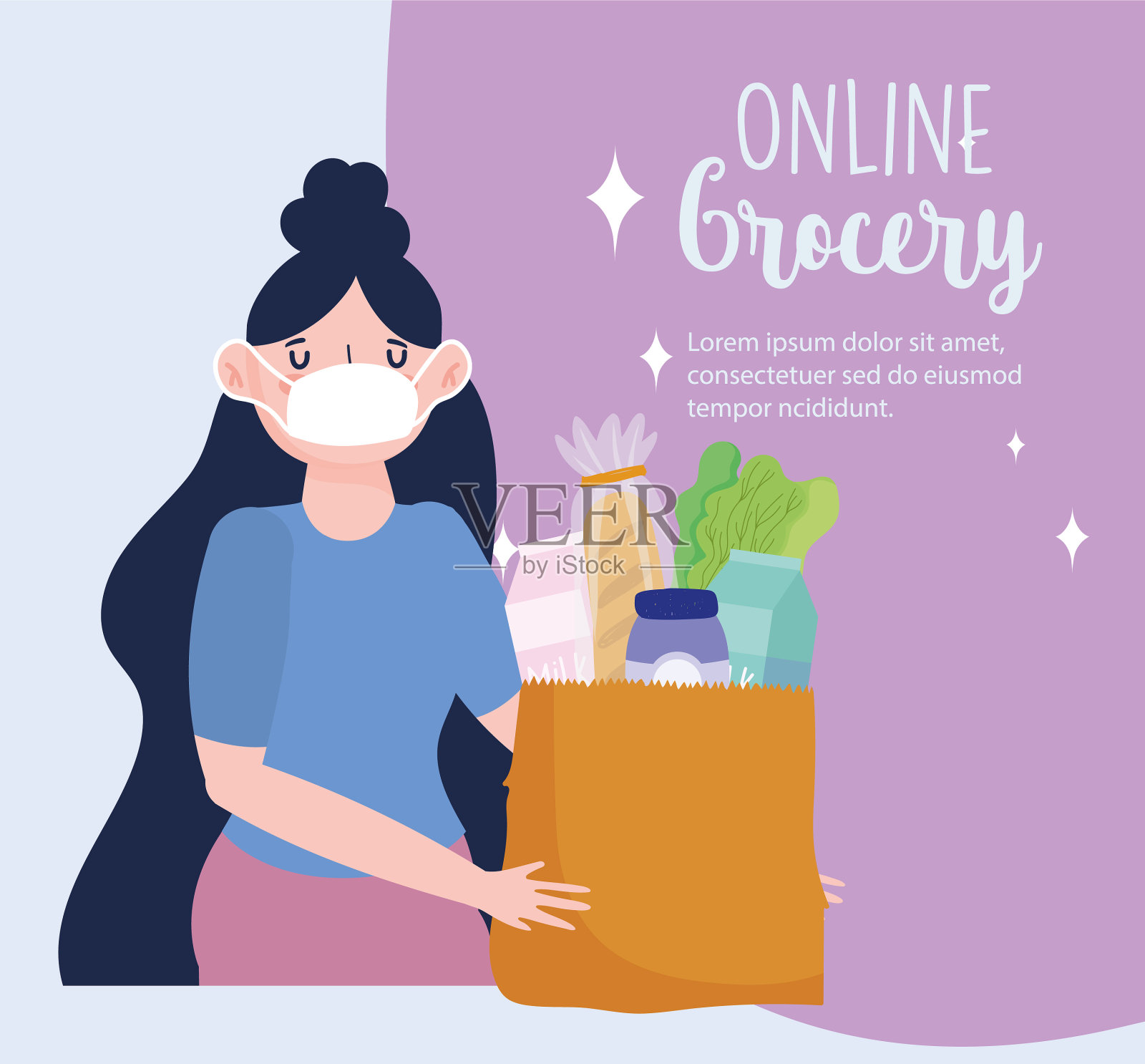 网上市场年轻女子戴口罩和纸袋设计模板素材