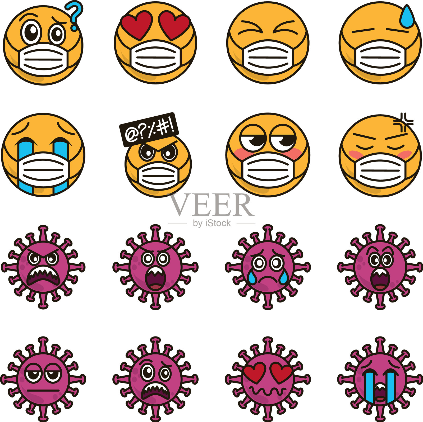 医用口罩、病毒冠状病毒表情插画图片素材