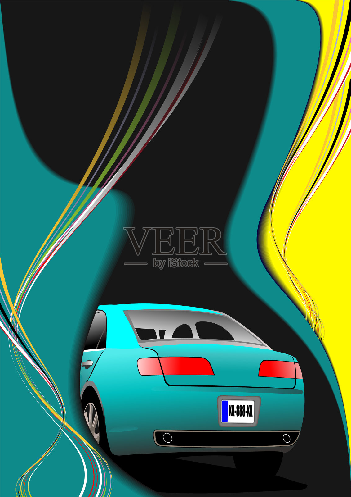 黄绿色背景轿车和后视图轿车插画图片素材