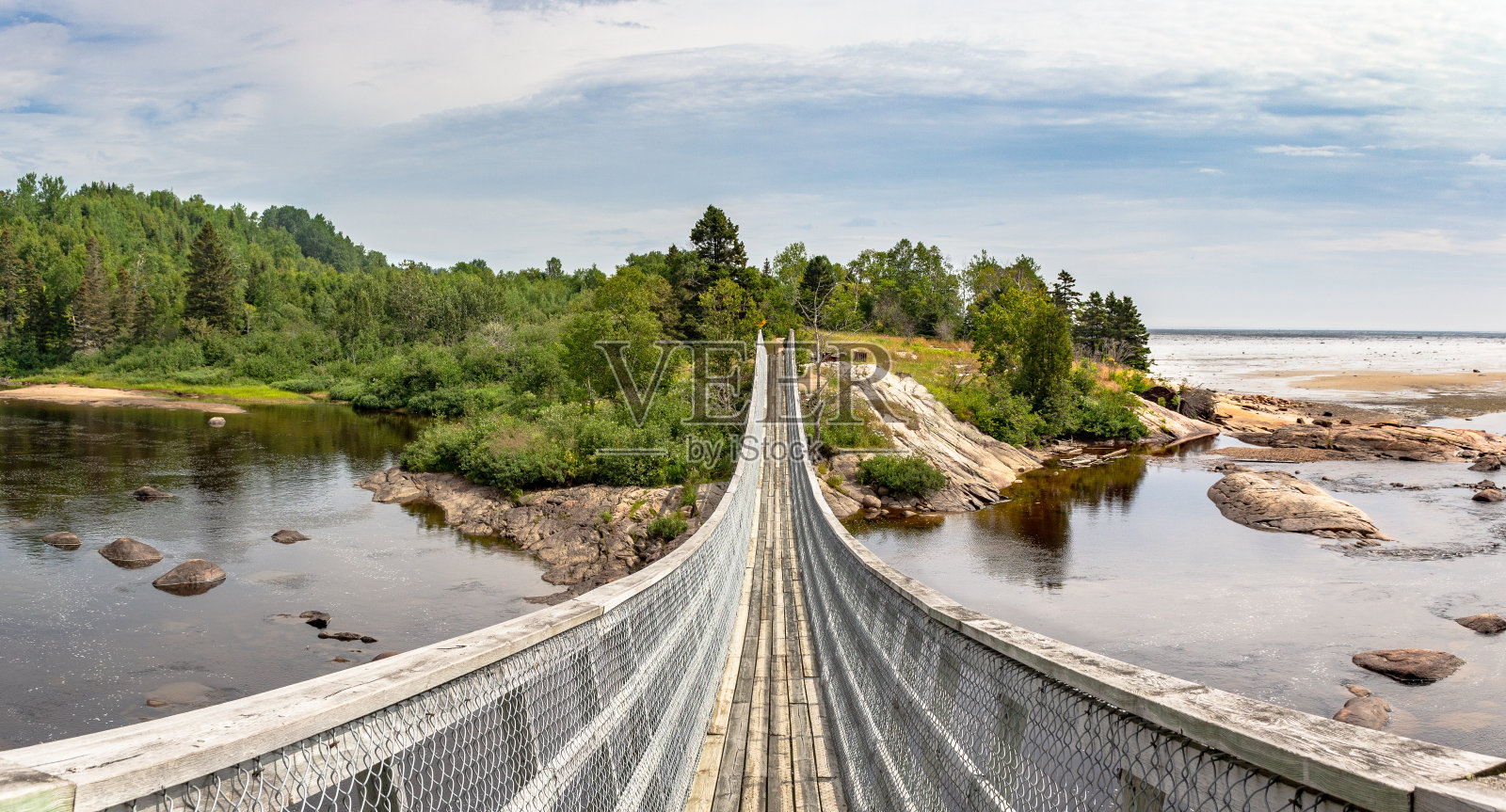 木桐河瀑布，悬空步道和圣劳伦斯河。加拿大魁北克Cote-Nord的Longue-Rive照片摄影图片