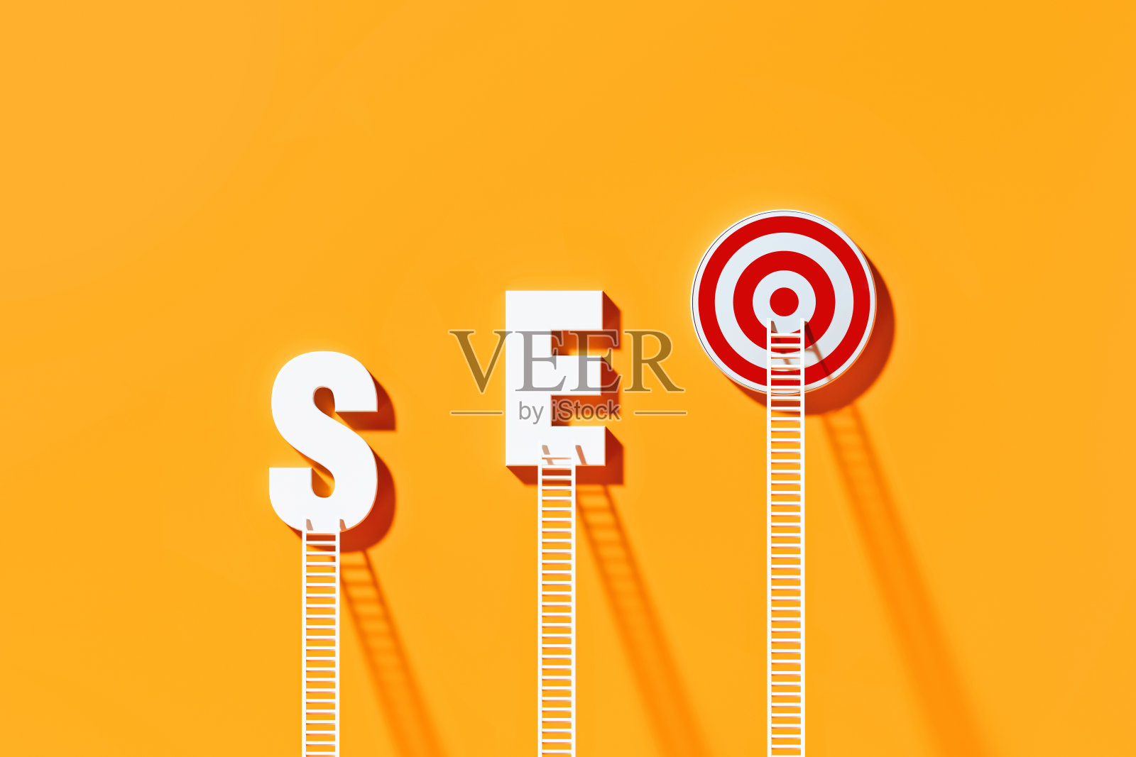 靠在SEO上的白色梯子写在黄色墙上的牛眼目标照片摄影图片