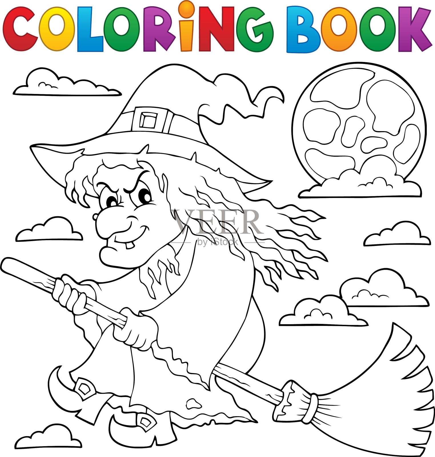 涂色书女巫在扫帚主题1插画图片素材