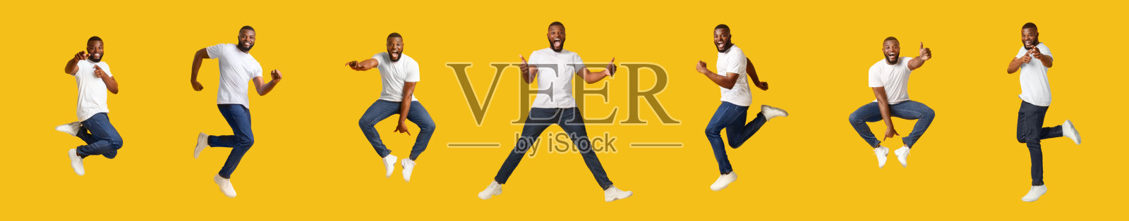 黄色背景上跳跃的千禧一代黑人的拼贴画照片摄影图片