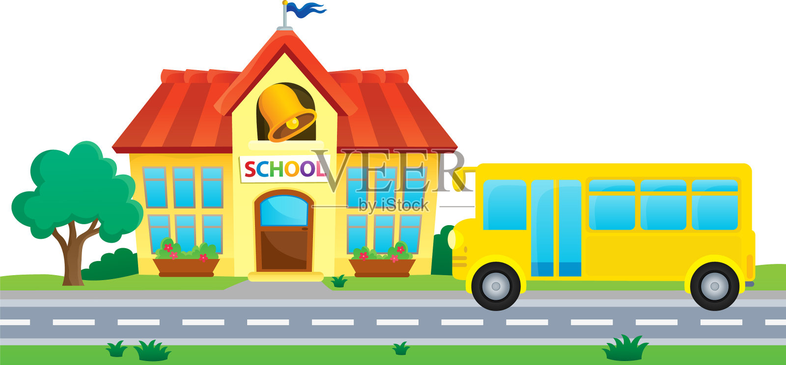 学校与公交车主题形象插画图片素材