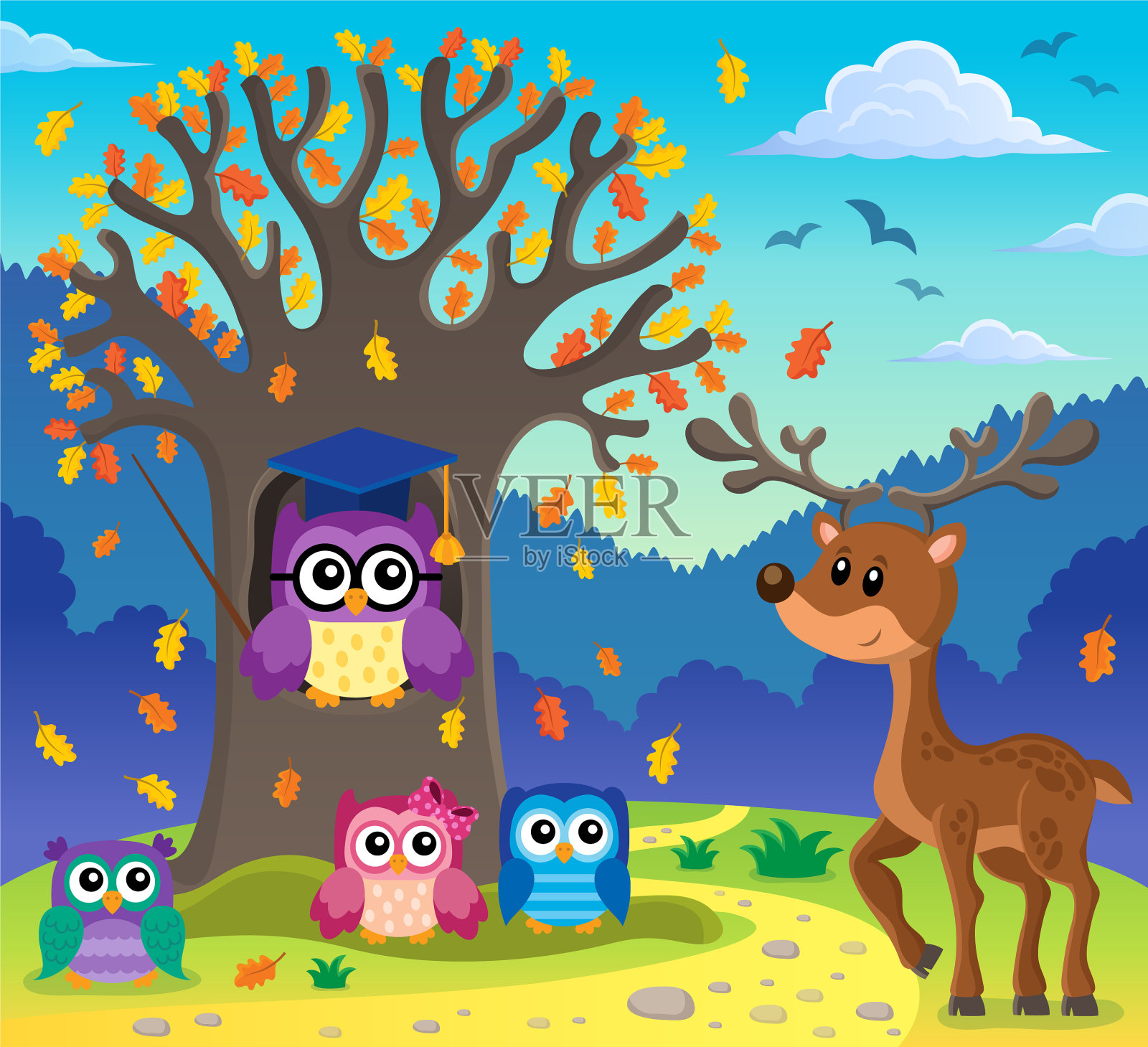 树与程式化的学校猫头鹰主题5插画图片素材