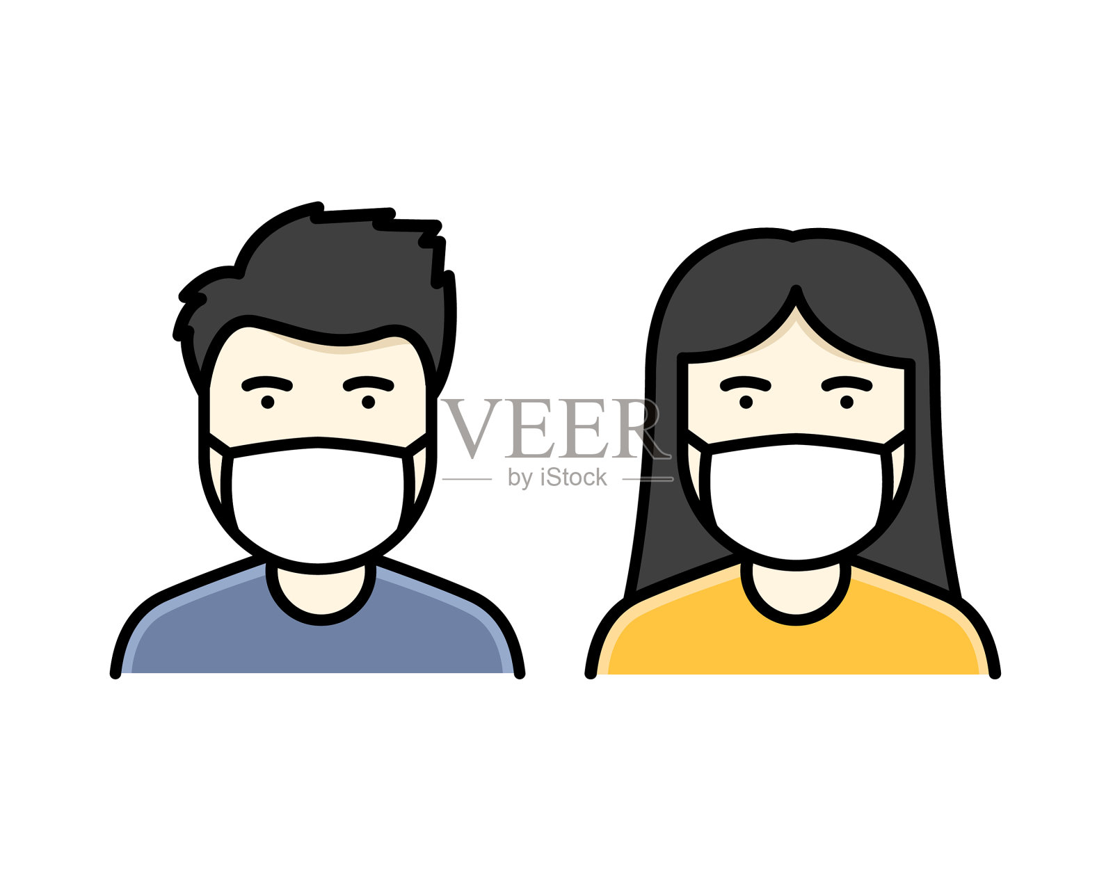 一名男子和一名女子戴口罩预防新冠肺炎插画图片素材